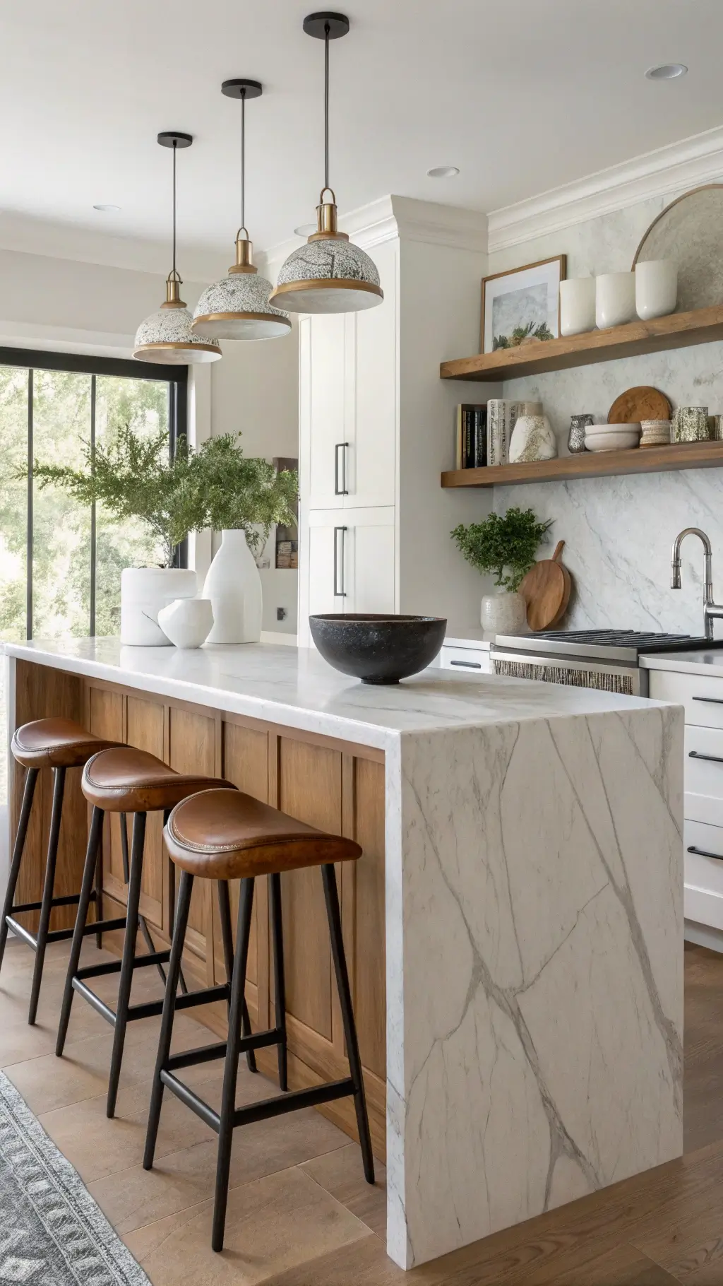Nordic styled kitchen island with marble top and floating oak shelves, adorned with white ceramics, a black metal fruit bowl, and fresh eucalyptus, with leather barstools highlighted by natural afternoon light at a quarter angle