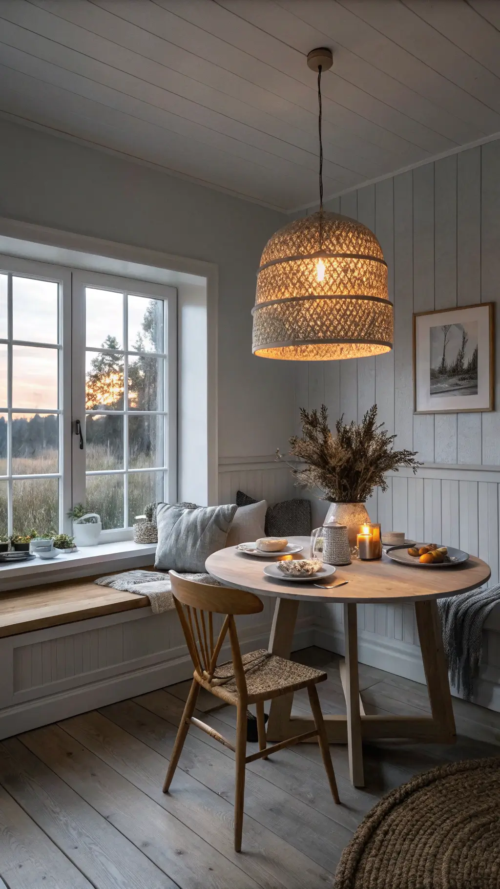 Cozy Nordic kitchen dining area with pale grey walls, a built-in linen bench, glowing pendant light over an oak table, handmade ceramics, dried florals, and floor-length window sheers in atmospheric evening lighting.
