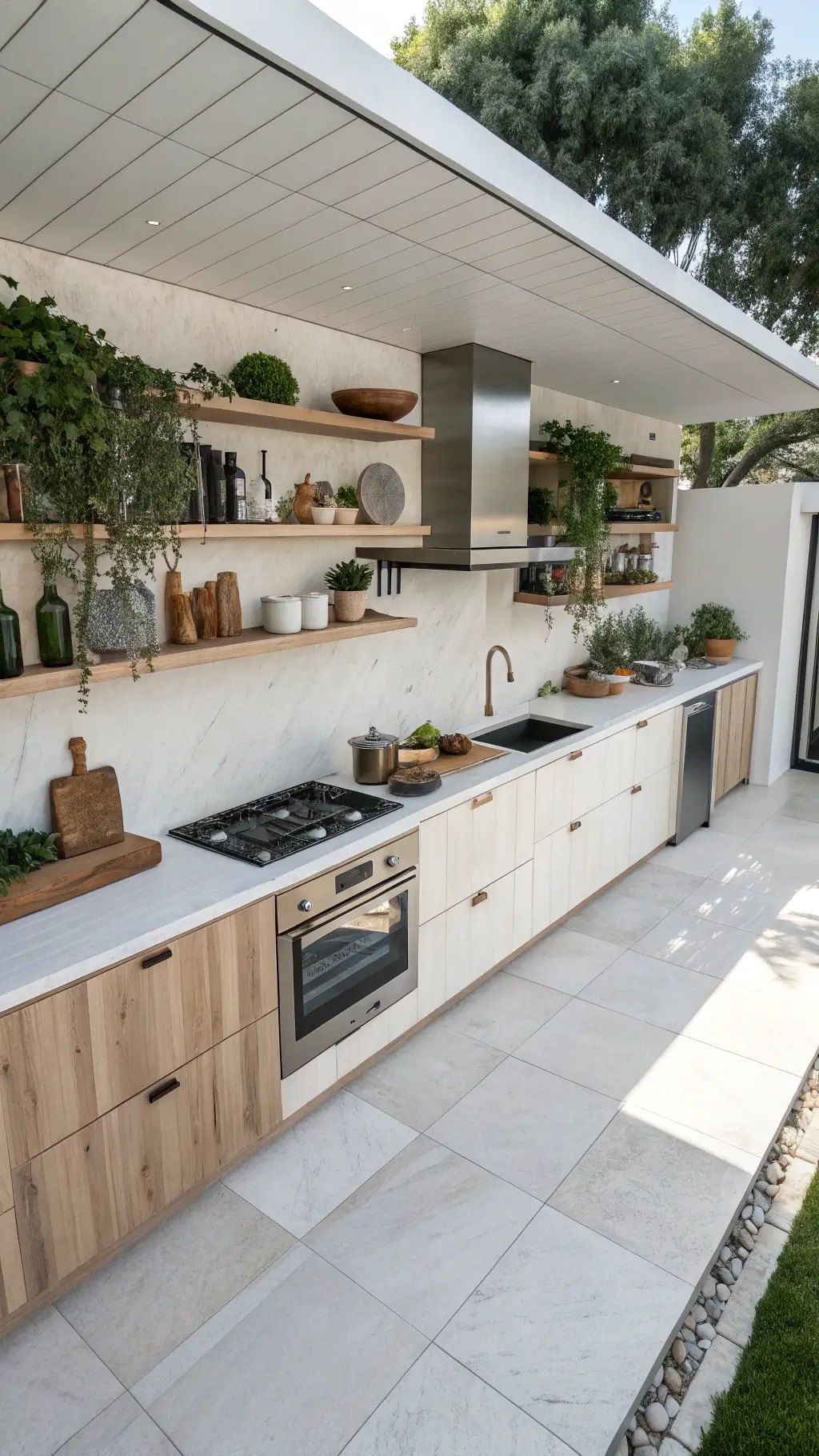 Bright Nordic kitchen layout featuring white stone countertops, pale timber cabinets, stainless steel appliances, open shelving with matte black and copper cookware, along with geometric cutting boards and minimal greenery.