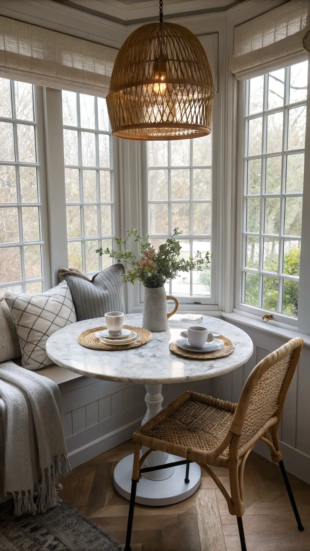 Nordic breakfast nook with morning light streaming through windows onto marble bistro table, ghost chairs, shaker-style cabinetry, and styled with linen napkins, ceramic coffee cups, and potted herbs