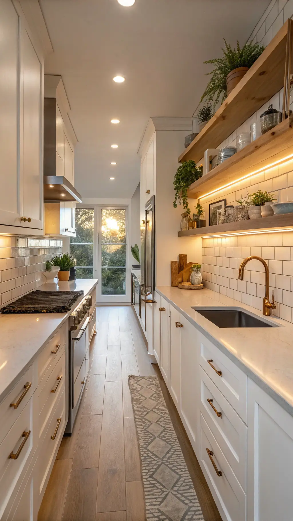 1922modern galley kitchen golden hour