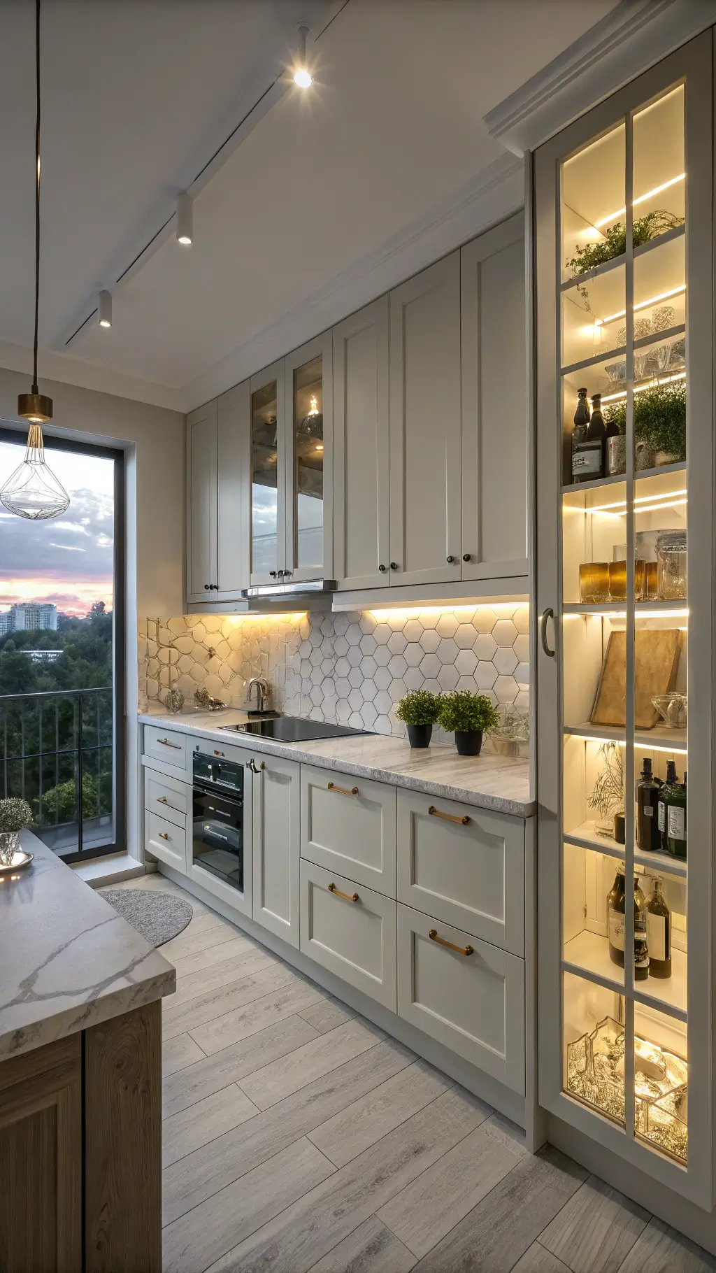 1924modern compact kitchen dusk lighting