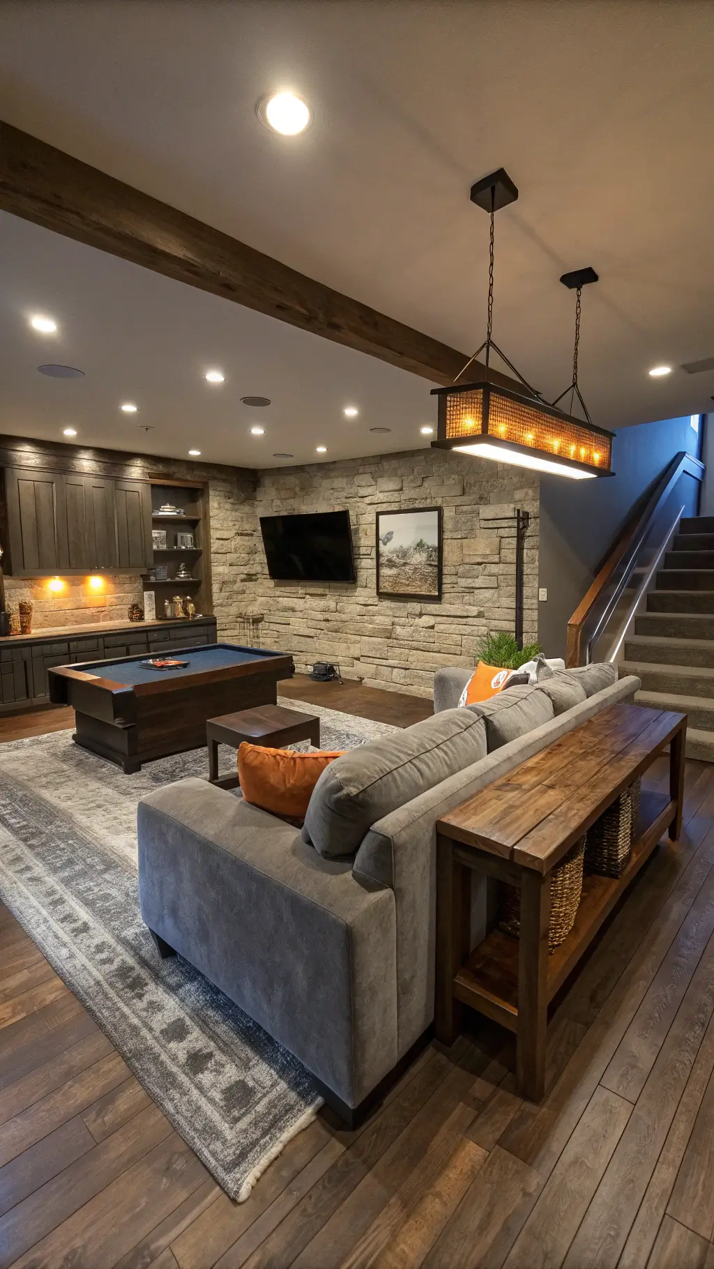 Basement family hangout zone with L-shaped grey velvet sectional, 75-inch TV on stone accent wall, walnut floors, charcoal area rug, vintage pool table, and deep blue and orange throw pillows under warm recessed LED lighting at dusk.