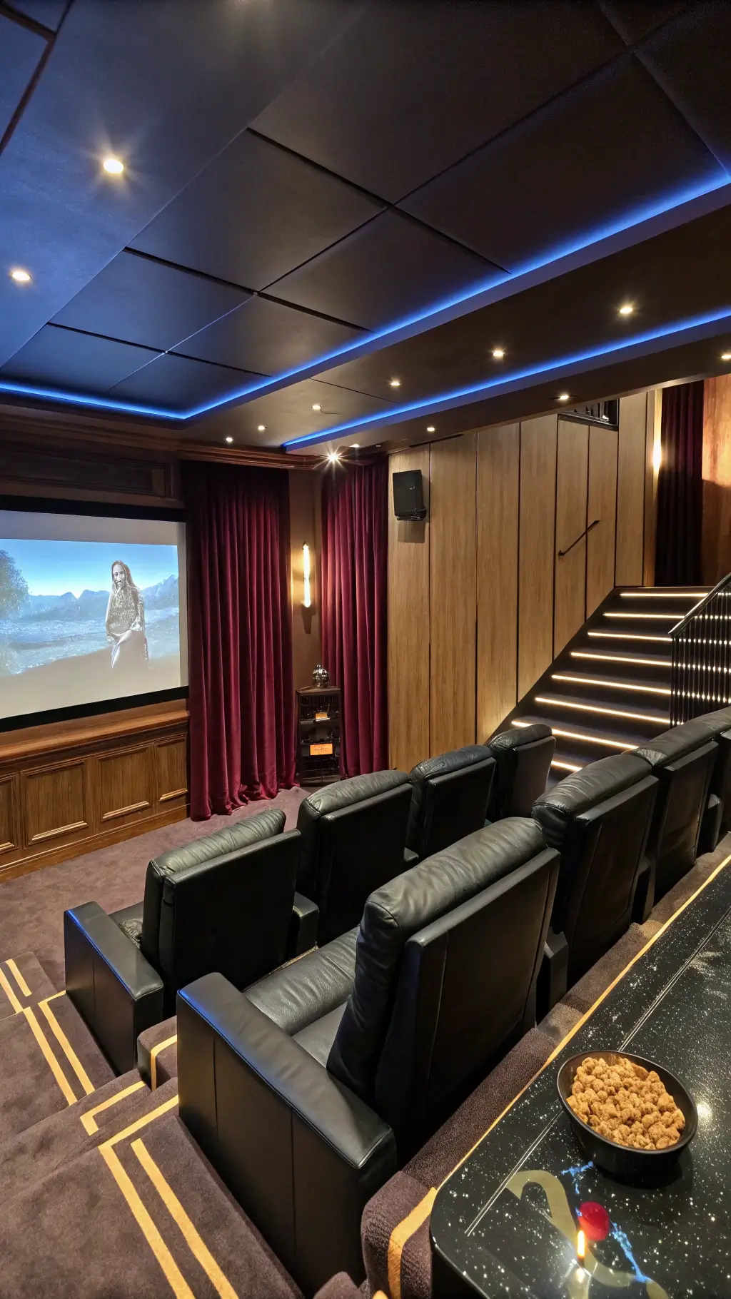 Luxurious home theater setup with tiered leather seating, a large projection screen, blue LED lighting, wood-paneled walls with acoustic treatments, and a vintage popcorn cart