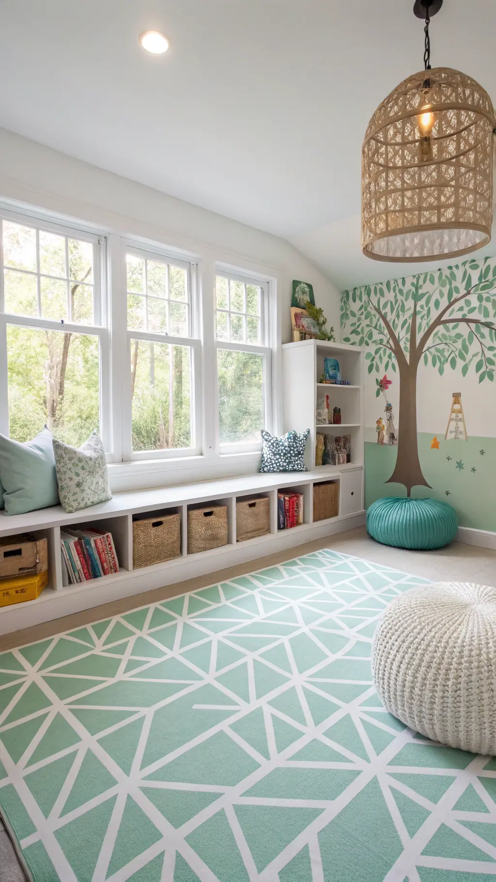 Bright and vibrant kids' playroom with mint green geometric patterned foam flooring, white storage cubbies, hand-painted woodland mural, reading nook with floating bookshelves and rattan pendant lights, decorated in pastels and primary colors.
