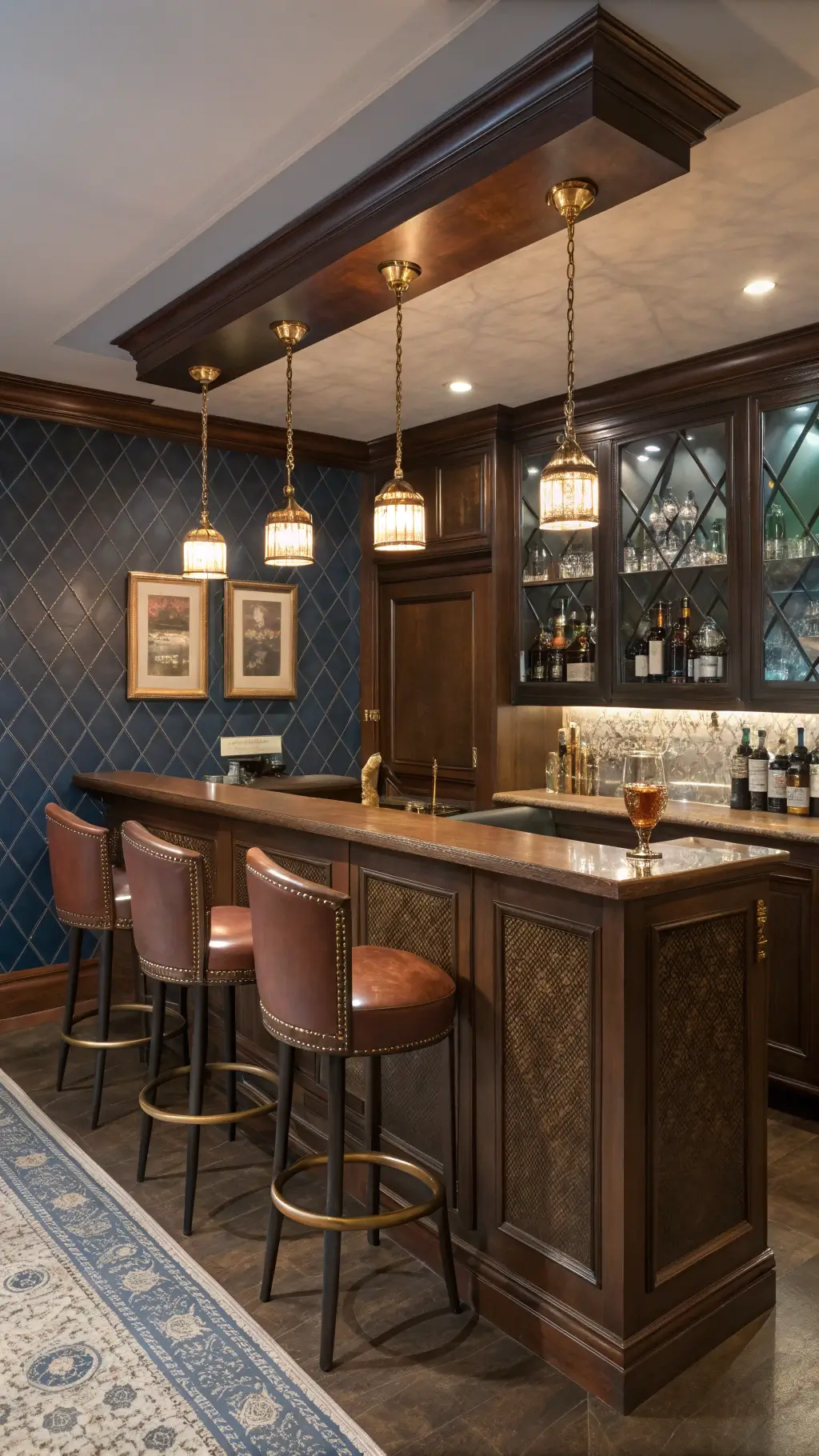 Luxurious basement bar with mahogany cabinets, copper bar top, leather barstools, modern pendant lights, temperature-controlled wine wall and crystal decanters on floating shelves, against deep navy textured wallpaper