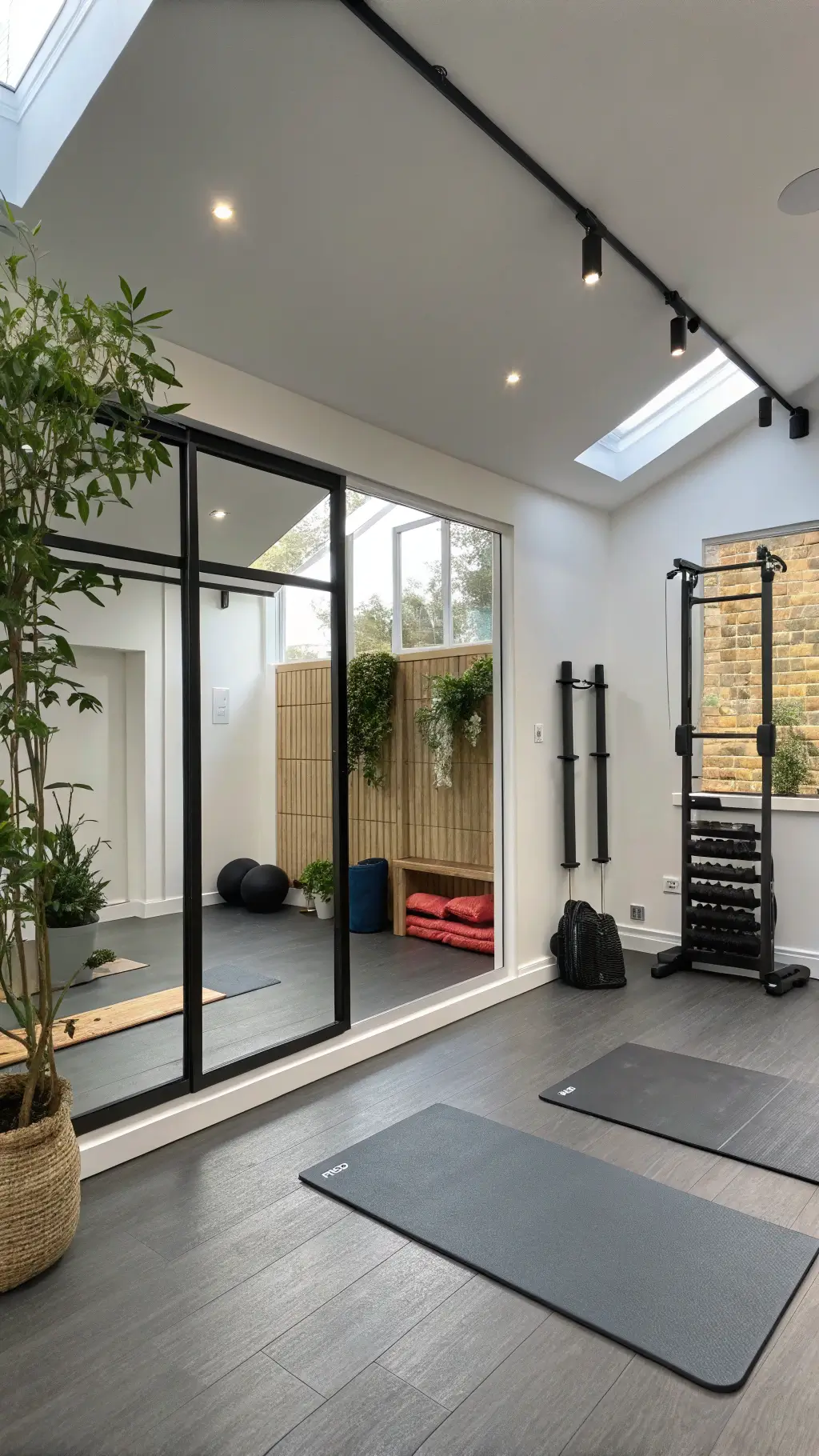 Spacious contemporary home gym with state-of-the-art equipment, living plant wall, yoga area with bamboo flooring, and floor-to-ceiling mirrors reflecting natural daylight.