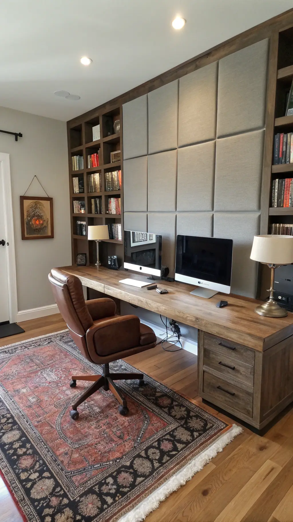 Professional home office featuring a custom weathered oak desk, leather chair, dual monitors, sound-managing acoustic panels, floating shelves with accessories, and a vintage Persian rug, lit by ambient and task lighting.
