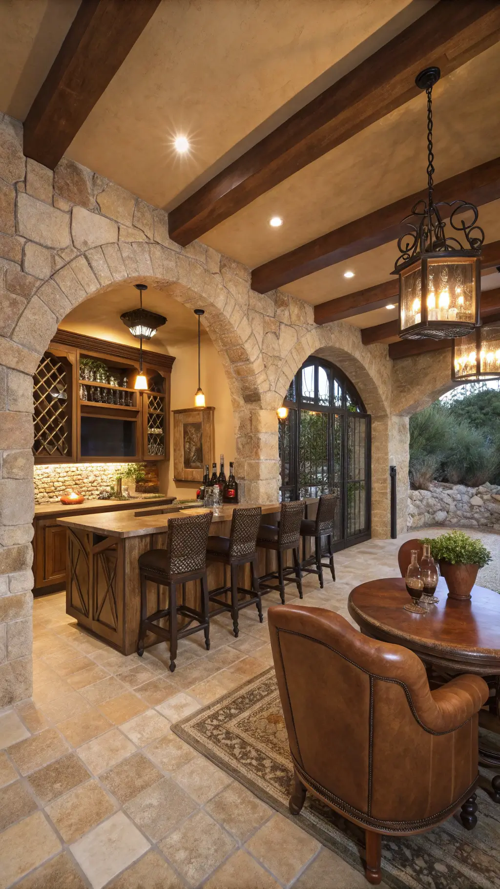 Mediterranean-inspired wet bar room with arched doorways, handmade tiles, wooden beams, custom wine storage, leather seating, live-edge wooden table, vintage pendants and brushed brass fixtures