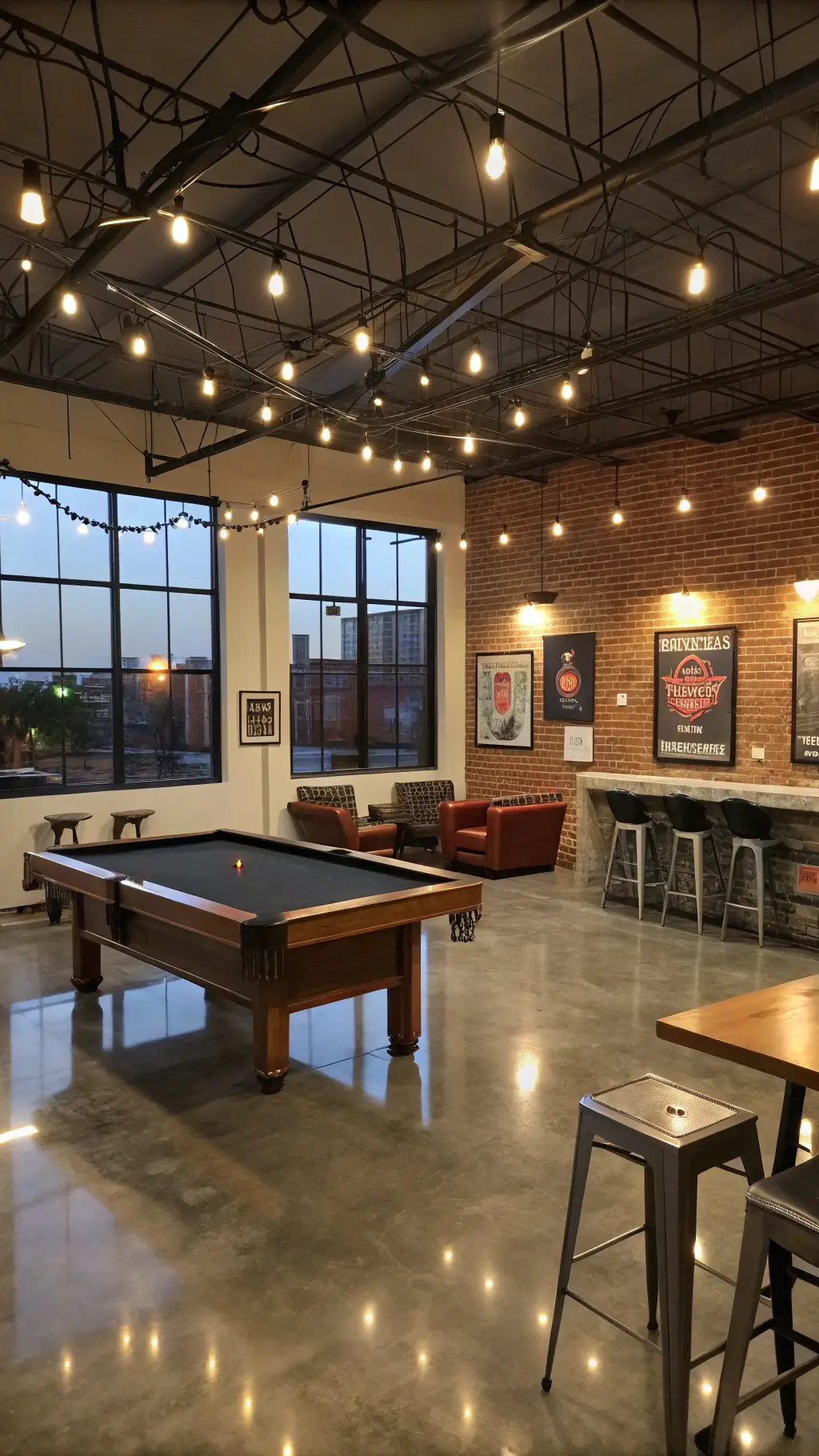 Industrial-themed game room at twilight with polished concrete floors, Edison bulb fixtures, a pool table, leather chairs, metal barstools, white brick walls, and vintage gaming posters.