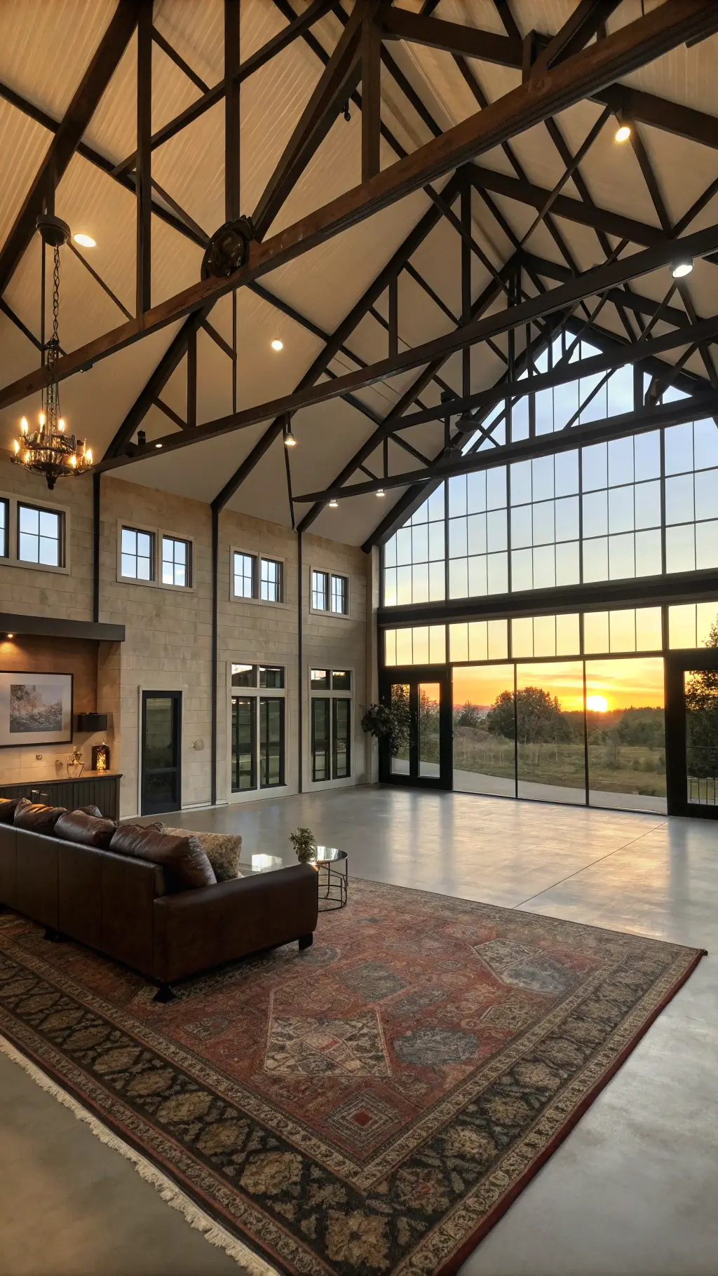 1937modern rustic barndo greatroom goldenhour