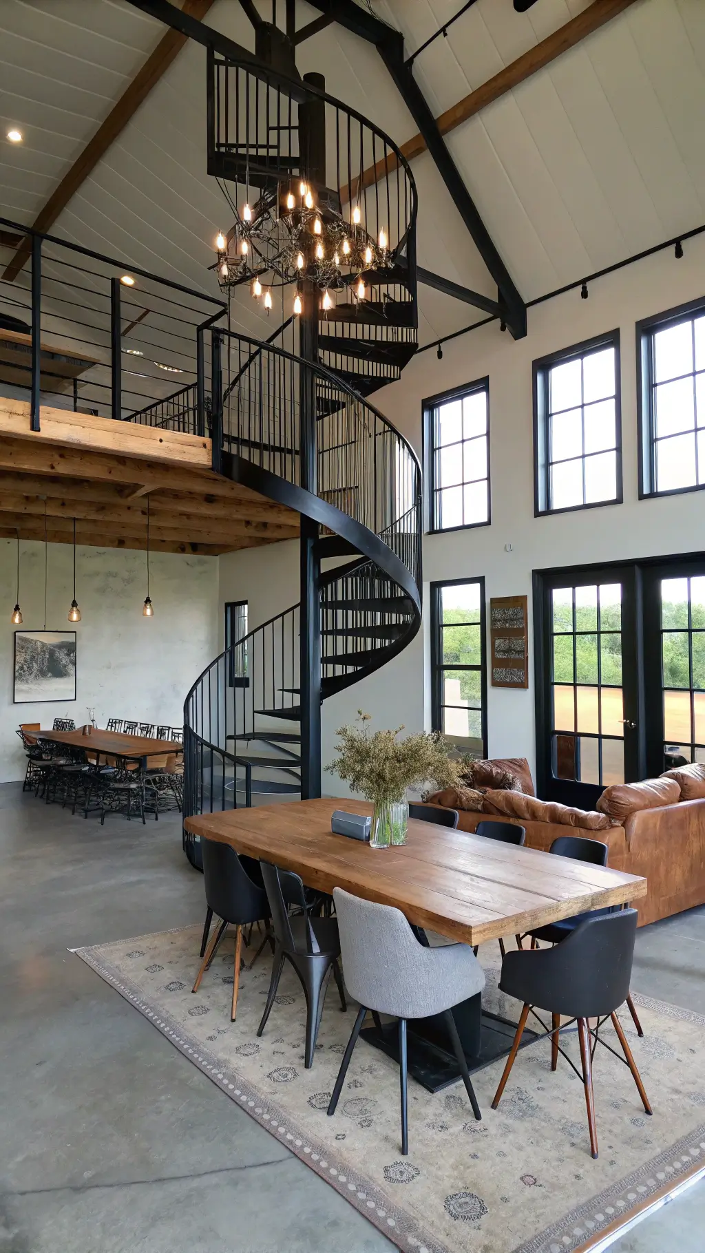 1940modern barndo dining spiral stair