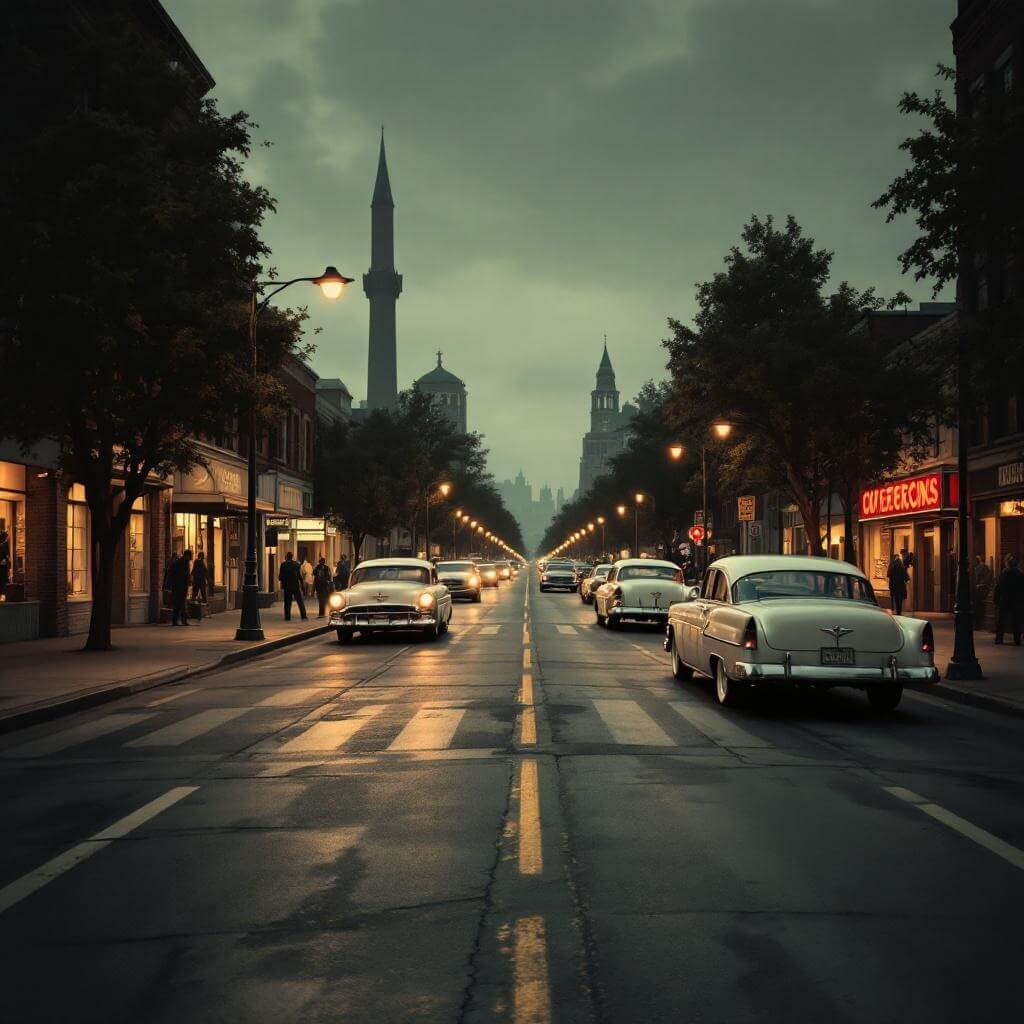 Photorealistic image of a 1950s segregated city street, featuring period-accurate cars, streetlights, and architecture in a muted color palette of browns and grays