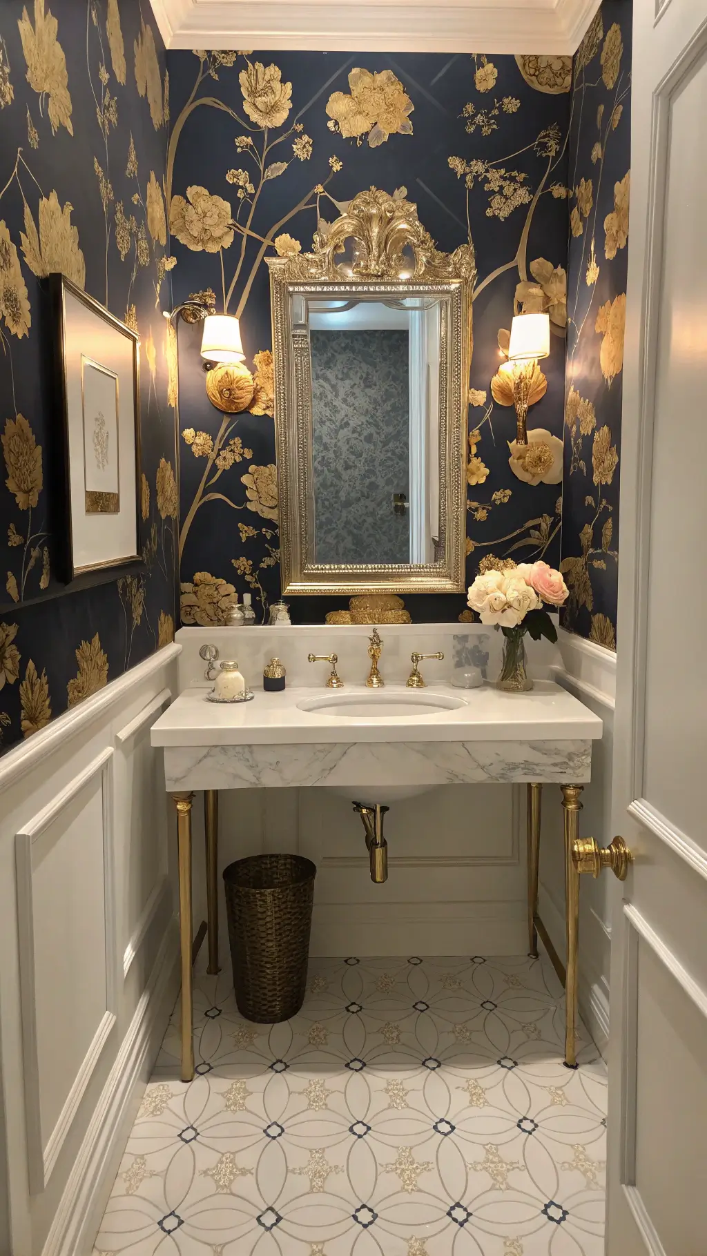1951elegant navy powder room dusk