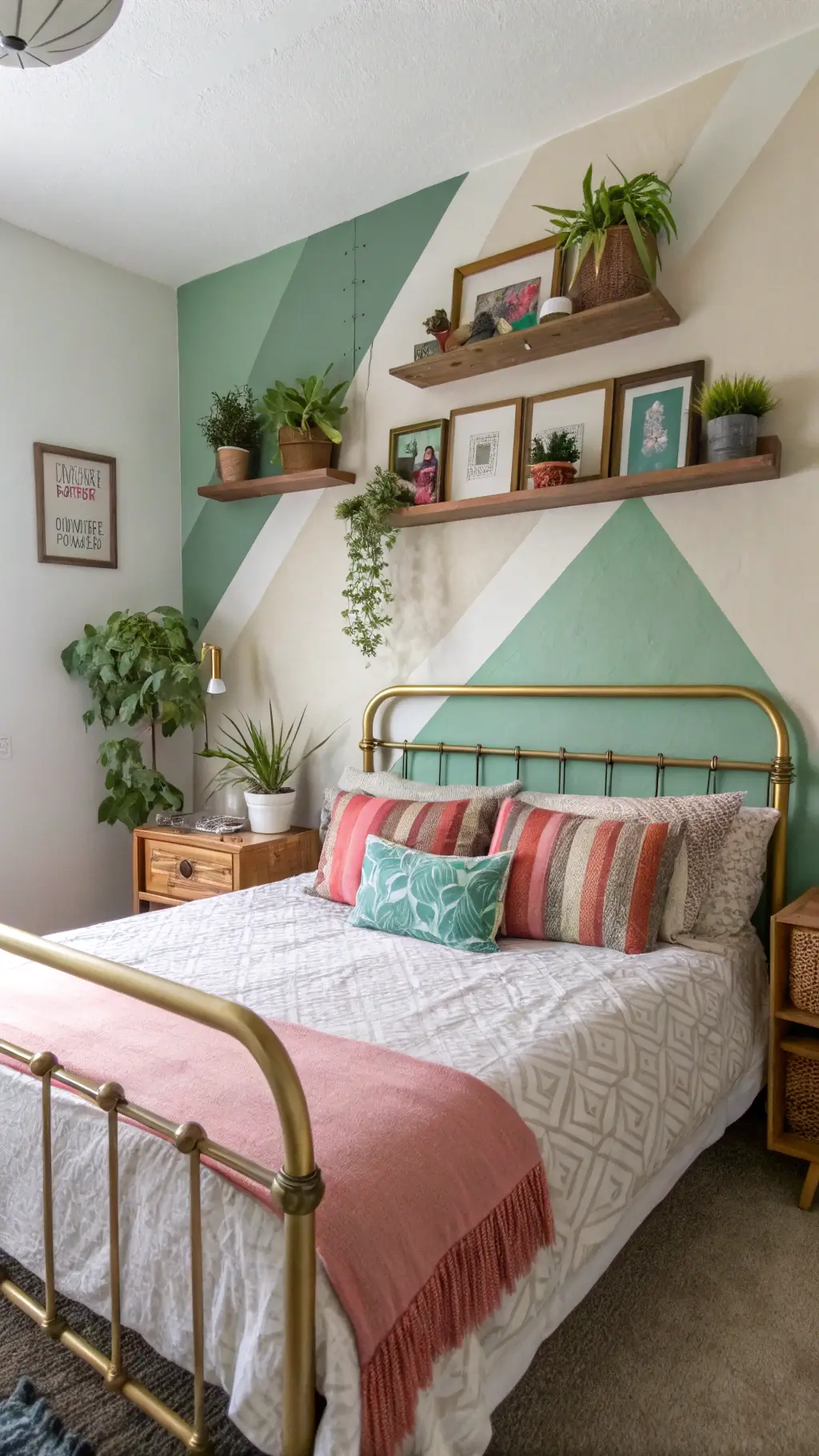 8x9ft budget-friendly bedroom makeover with vintage brass bed, thrifted silk pillows, hand-painted geometric wall, floating shelves with vintage items and plants, and wooden crate nightstands in bright natural light.