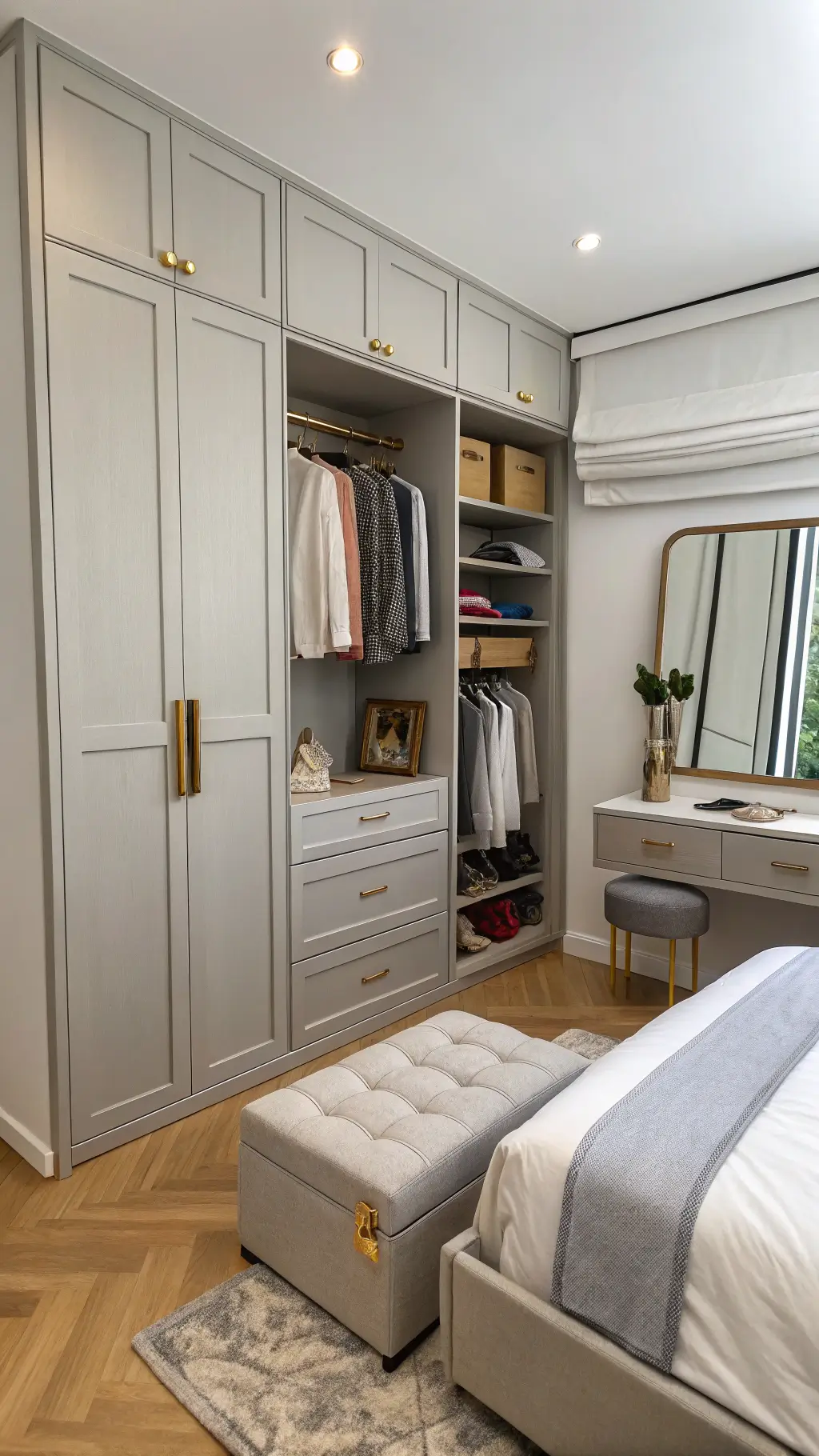 Overhead view of a well-organized 10x11ft bedroom featuring built-in soft gray wardrobe, ottoman bed with hydraulic storage in natural linen, foldable minimalist floating desk, and hidden cleaning supply storage.