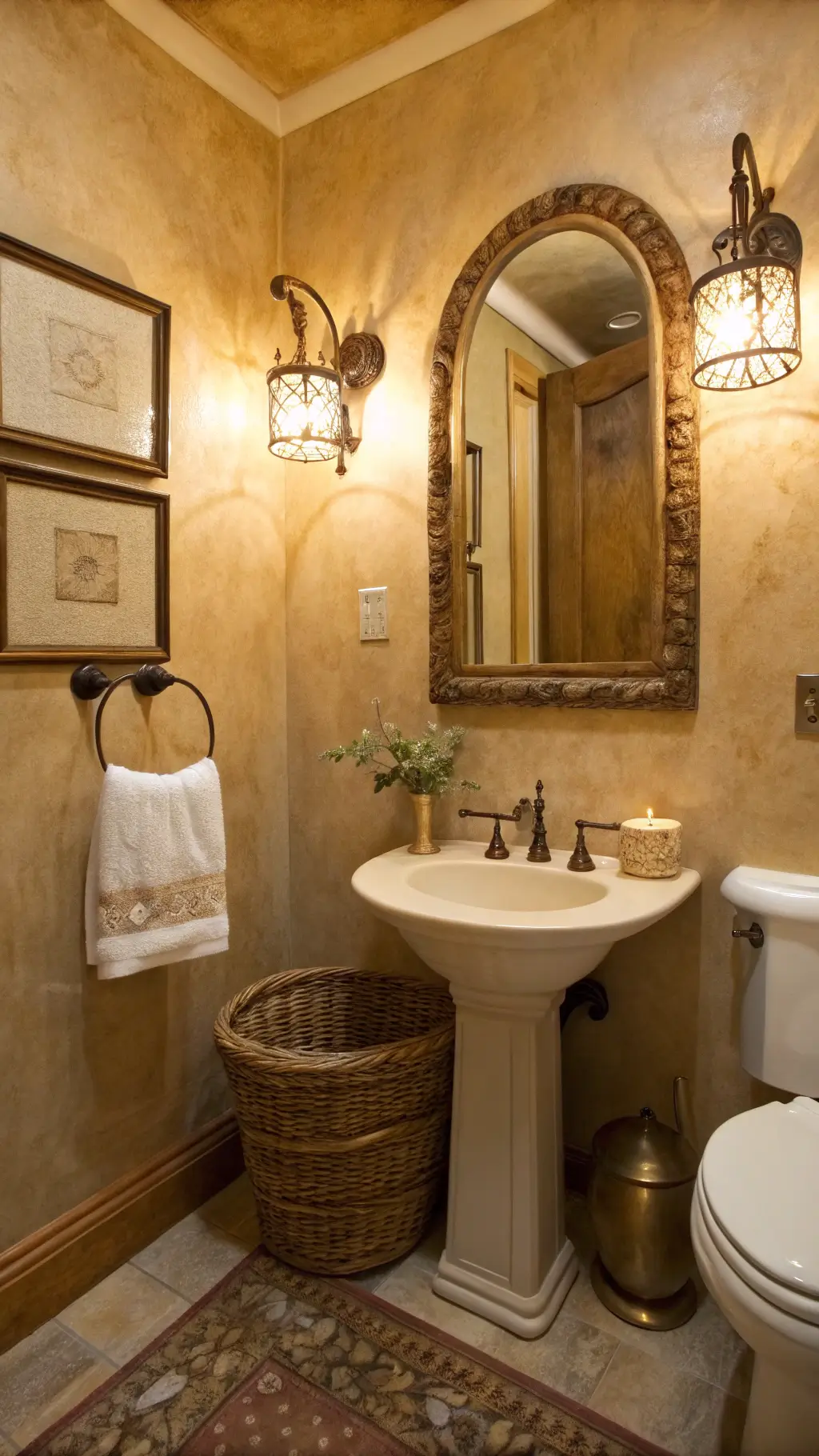 1970golden hour powder room brass travertine