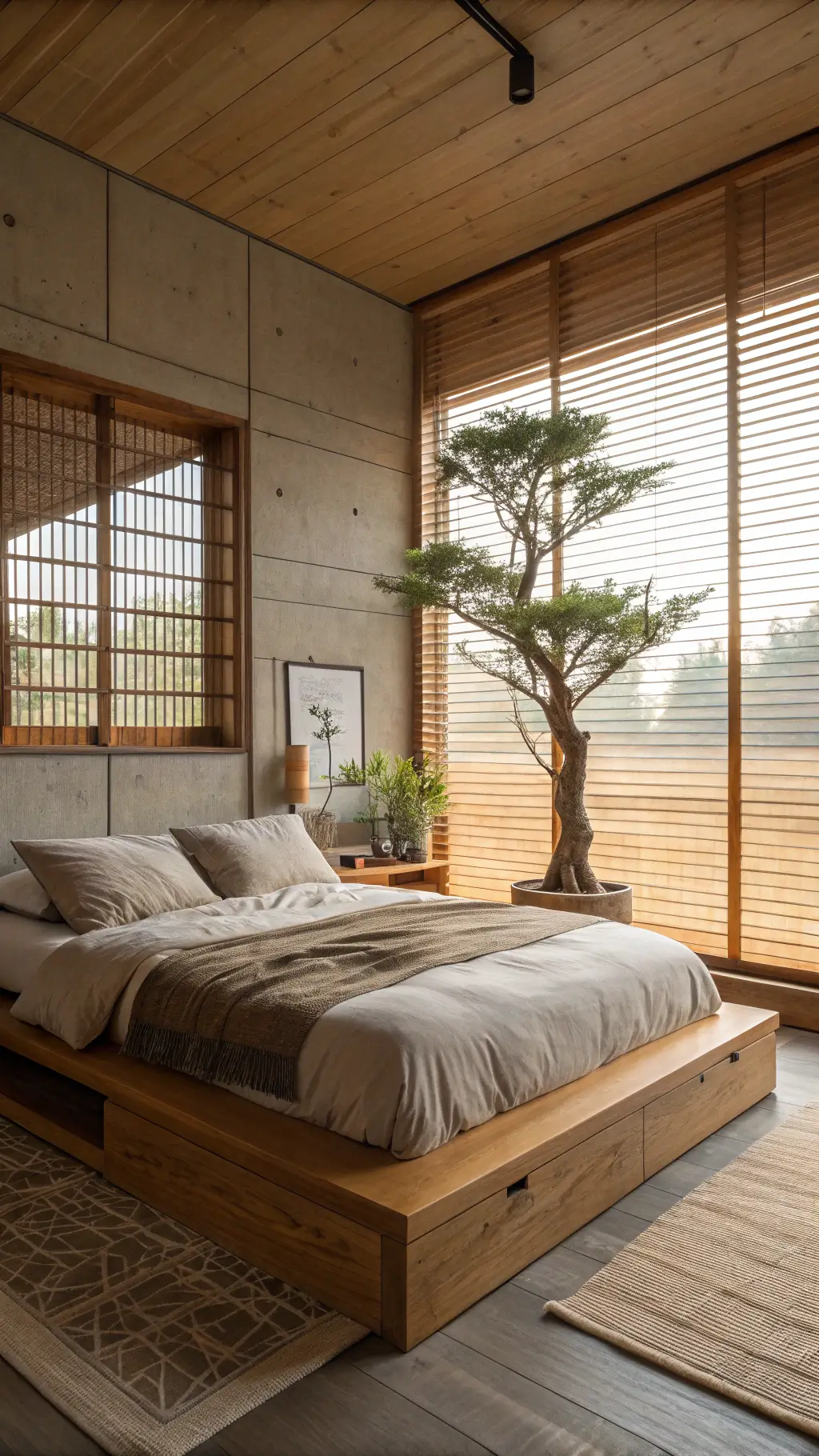Intimate bedroom at dawn with diffused light through bamboo blinds, featuring a low ash wood platform bed with minimal linen bedding, a built-in floating nightstand, and a bonsai tree on the windowsill.