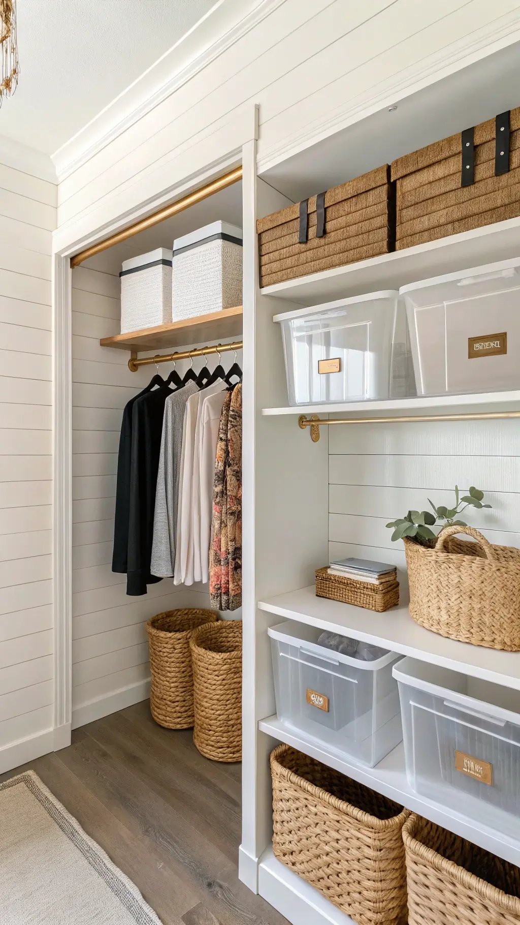 Brightly lit corner closet with white shiplap walls, bamboo organization system, clear storage boxes with leather tags, natural fiber baskets, and brass rods with black velvet hangers.