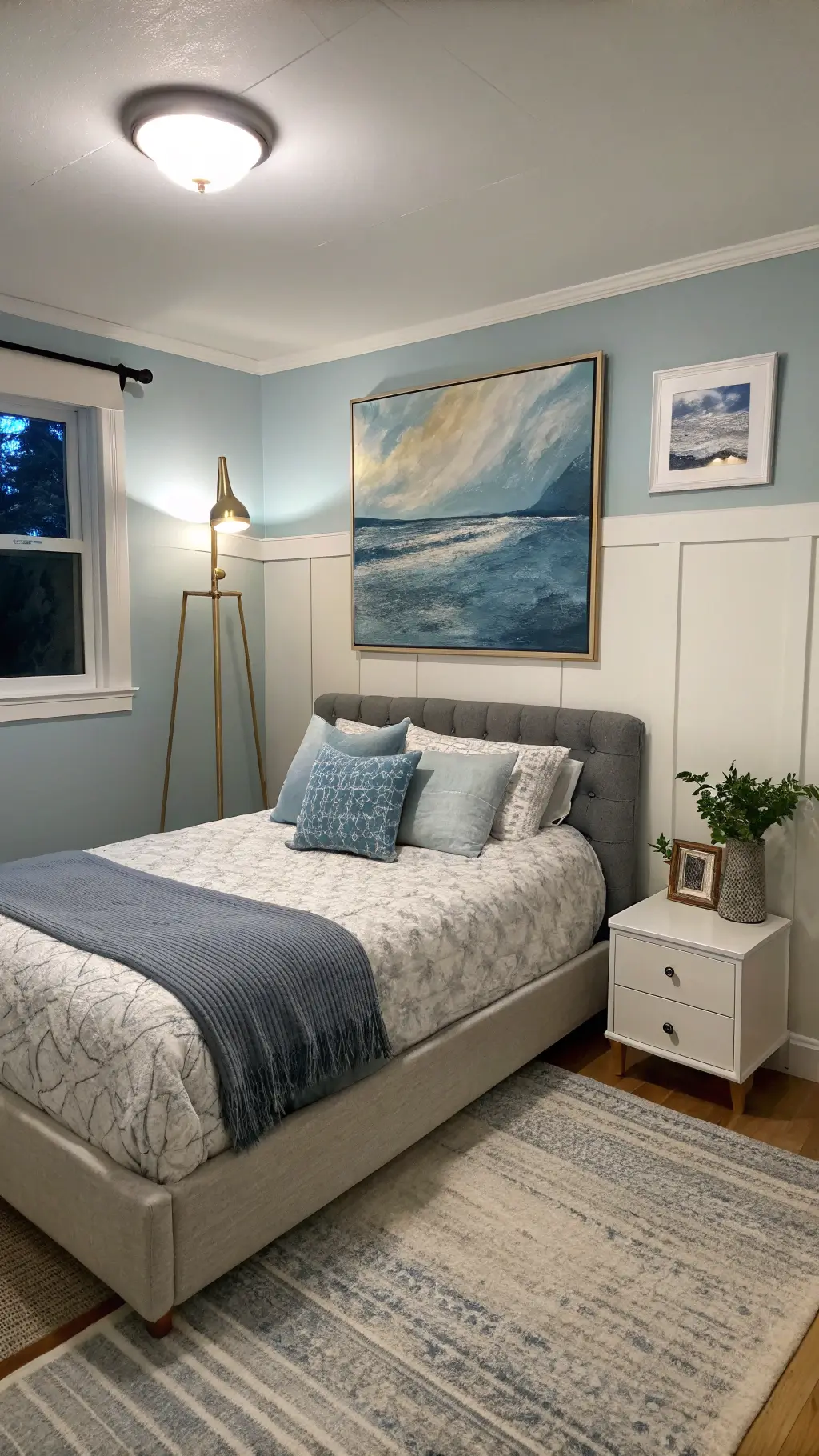 Compact 10x12ft bedroom at twilight, featuring ethereal light blue walls, contemporary low bed in grey upholstery with white and blue bedding, oversized blue toned abstract canvas, minimal brass floor lamp, and white oak side table with ceramic vase, photographed from the doorway with mixed lighting and a cozy atmosphere.