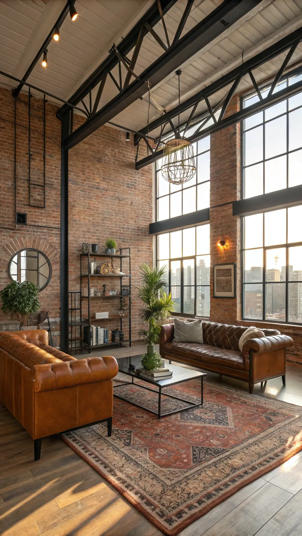 Sunny, open-concept living room with high ceilings, brick accent wall, leather couch, vintage rug, and industrial decor highlighted by warm natural light