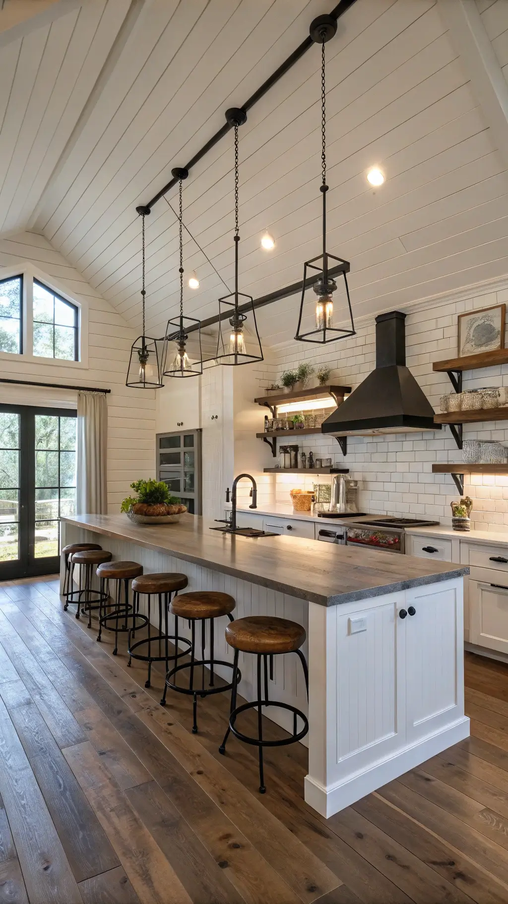 Farmhouse kitchen at dawn with white shiplap walls, matte black pendant lights over a reclaimed wood island, vintage leather bar stools, open shelving displaying white ironstone collection, professional-grade stainless appliances and morning light filtering through cafe curtains.
