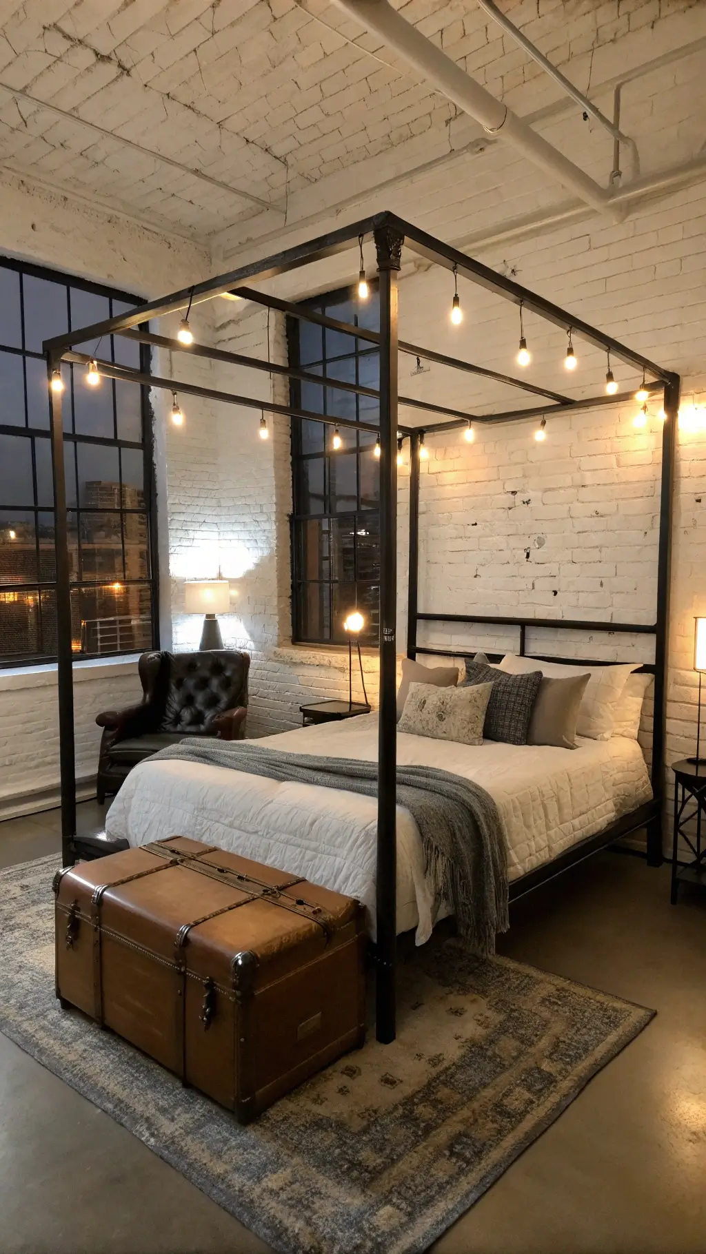Industrial-inspired master bedroom at dusk featuring black metal canopy bed with Edison bulb lights, distressed leather armchair, vintage trunk and factory windows