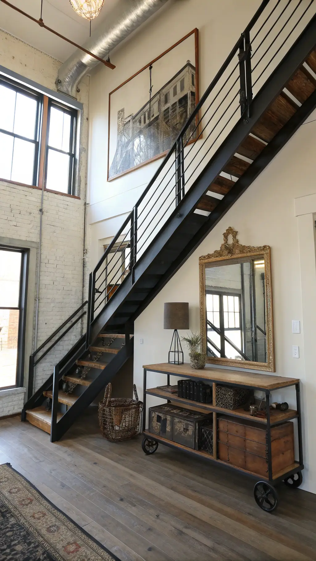 Dramatic double-height entryway with black steel staircase, oversized factory mirror, industrial coat rack and vintage industrial console table, highlighted by natural light streaming through clerestory windows.