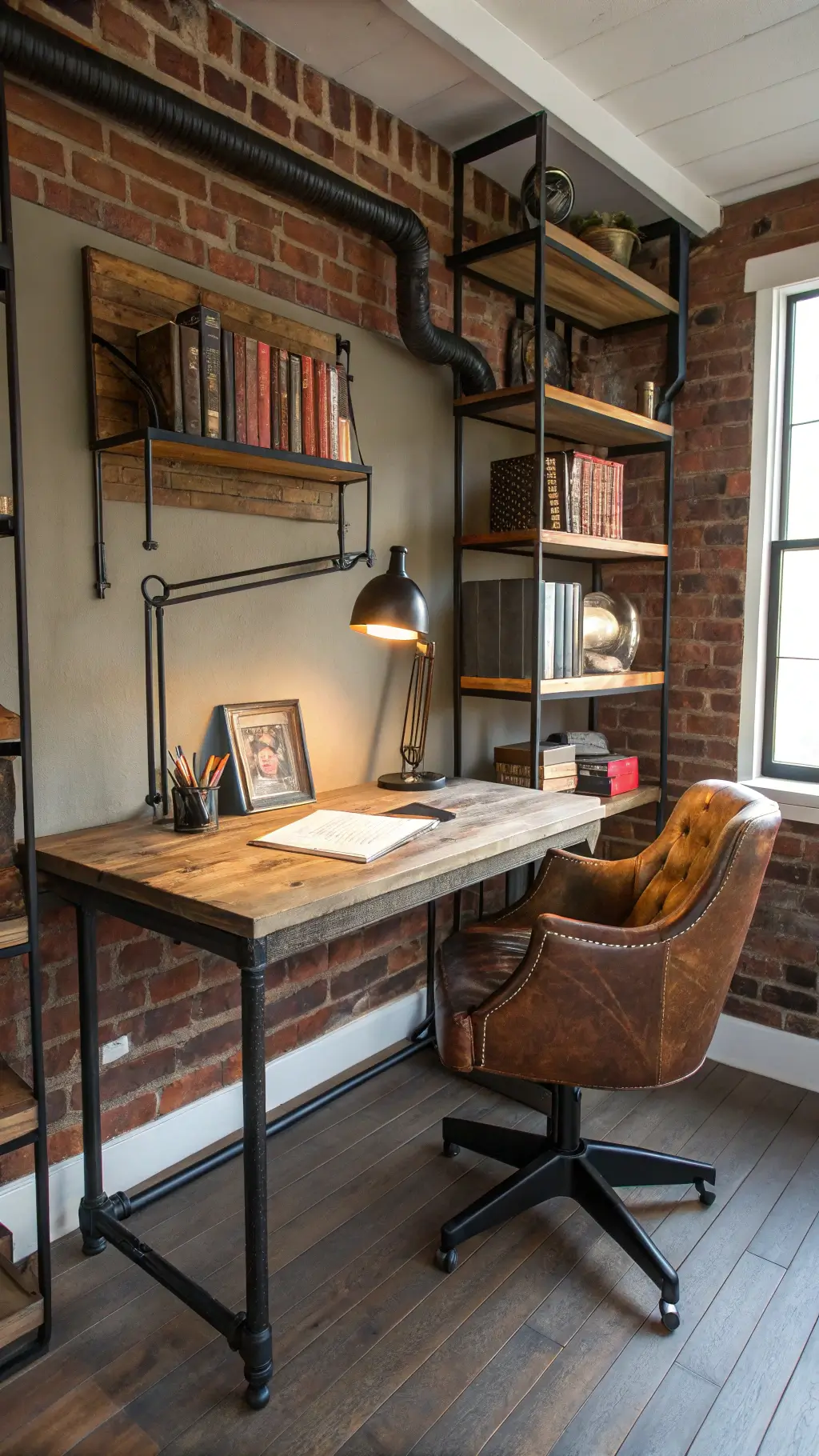 Low angle shot of a cozy 10x12ft home office nook in afternoon light featuring industrial metal desk with reclaimed wood top, reupholstered vintage factory chair in distressed leather, black metal pipe shelves with books and artifacts, exposed brick wall and Edison bulb desk lamp.