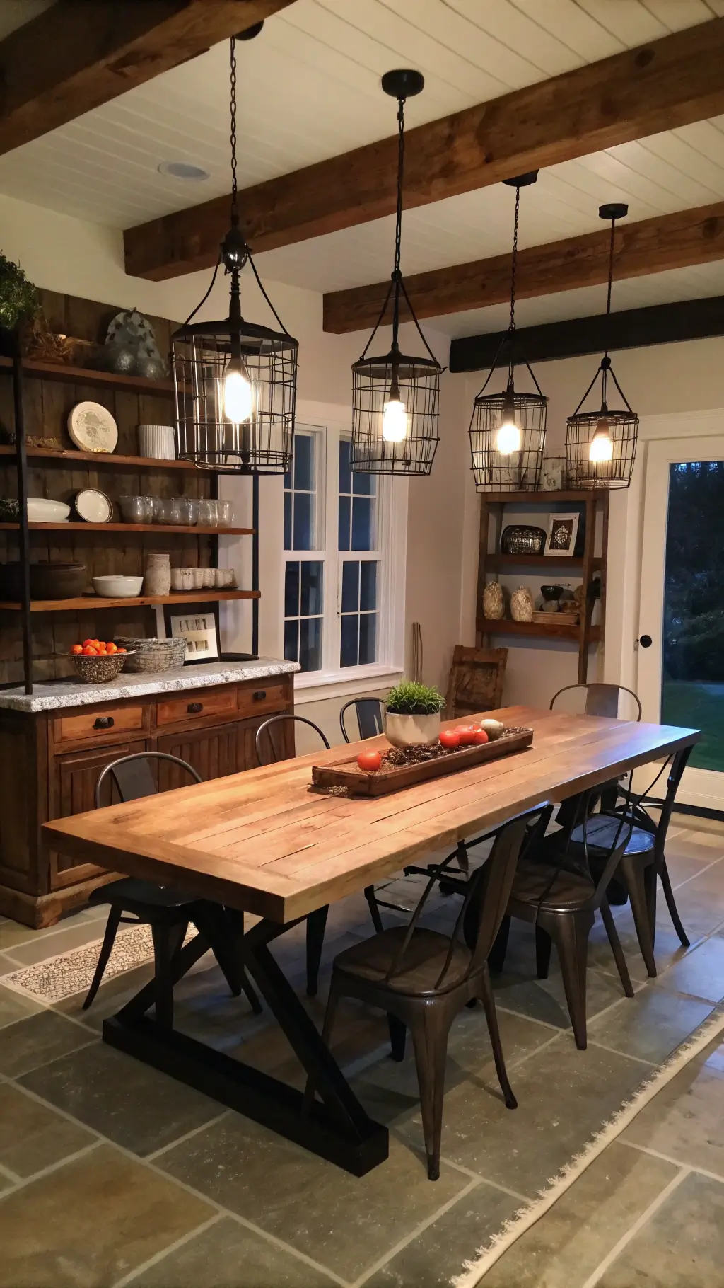 Dining space at twilight featuring an 8ft harvest table with a black steel base, reclaimed barn wood top, industrial pendant lights, metal chairs, leather-seated benches and open shelving with vintage ironstone collection in colors of deep browns, matte black, warm whites and copper touches.