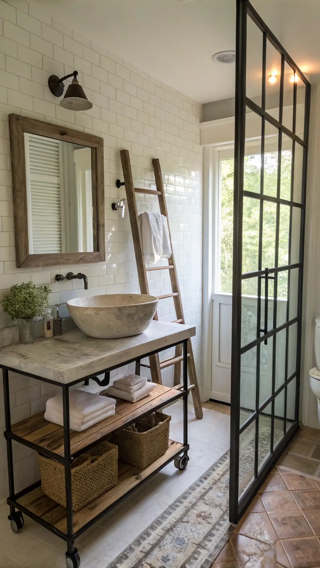 Spacious spa-esque bathroom with rustic industrial vanity, weathered wood ladder towel rack, steel-framed shower with subway tile, and glass shelving illuminated by morning light and soft steam.