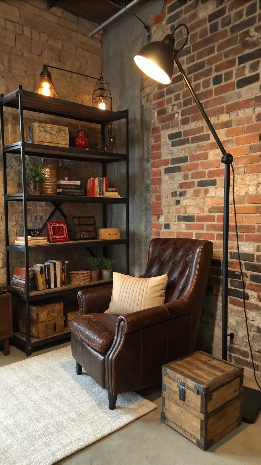 Cozy reading corner at sunset featuring an oversized brown leather club chair against an exposed brick wall, an industrial floor lamp, floating black metal shelves with vintage books, and a distressed wooden crate side table, all bathed in warm lighting.
