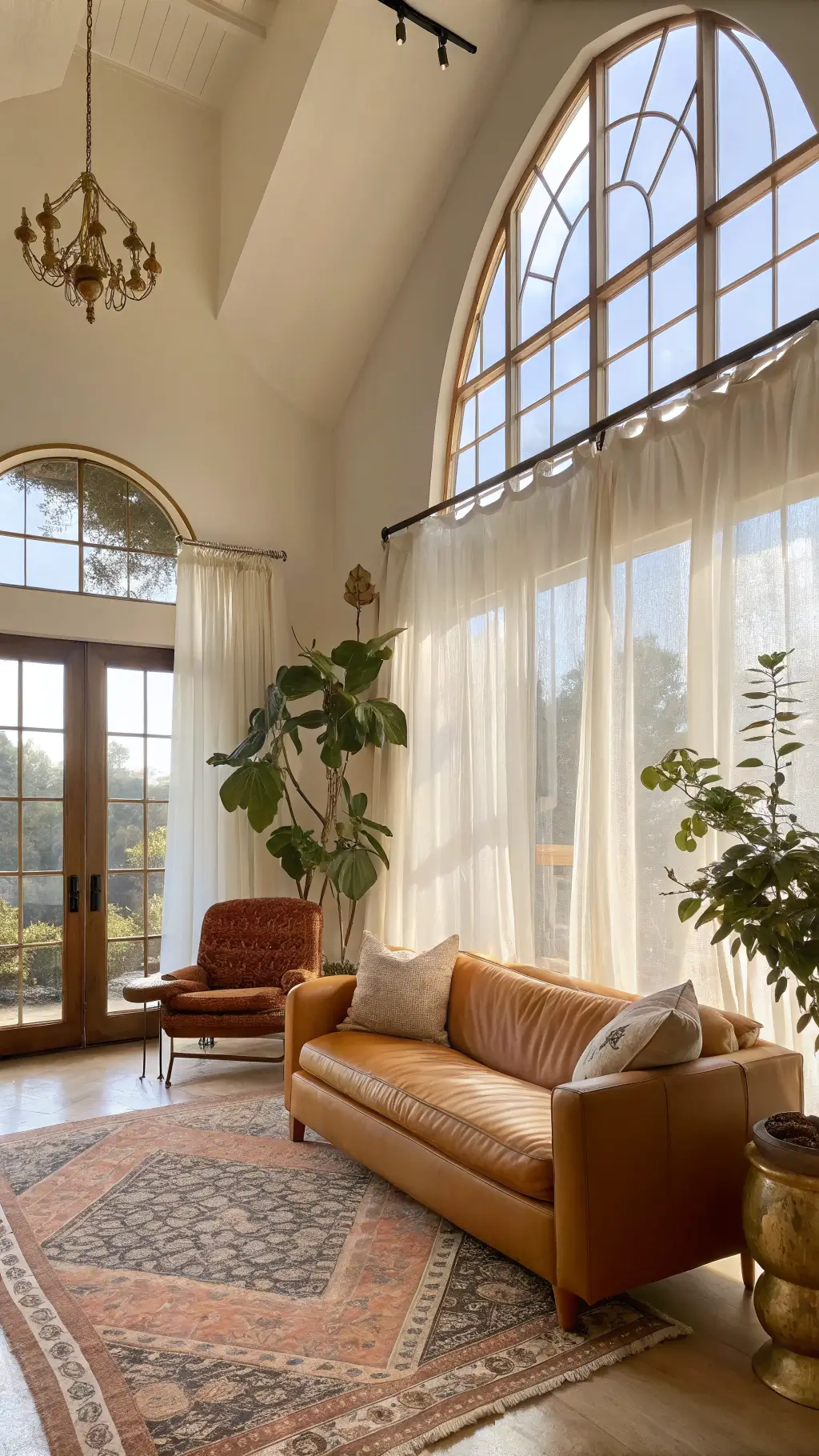 Sunny, spacious living room with a tan leather sofa, vintage velvet chair, layered Moroccan rugs, green plants, and brass accents in earth tones with pops of terracotta and teal.
