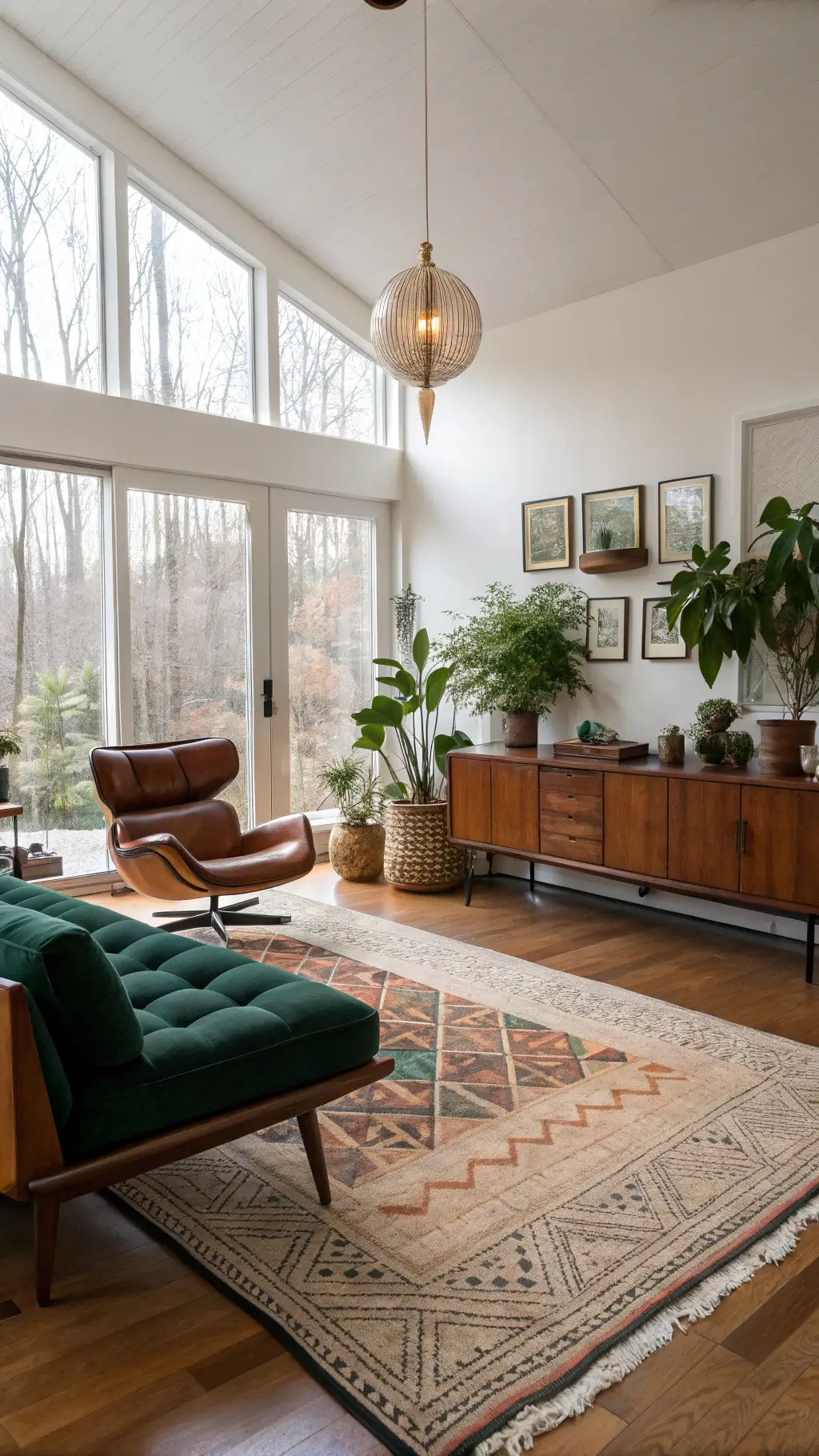 Cozy living space with morning light coming through floor-to-ceiling windows, featuring mid-century furniture, vintage kilim runners, brass planters with trailing plants, and woven decor in neutral palette with olive and ochre accents.