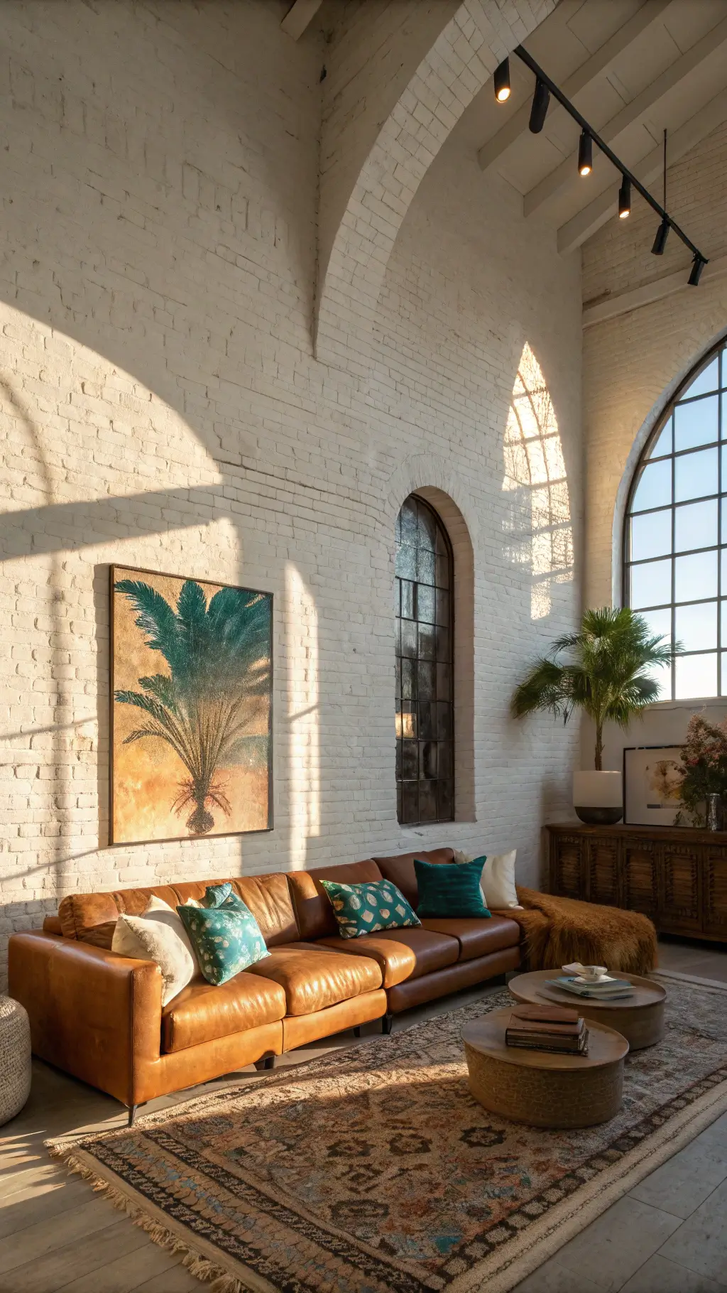 Bohemian-style living room with high ceilings, statement peacock chair, leather sectional, abstract art, ceramic vessels and sheepskin throws in earthy and jewel tones, with golden hour lighting.