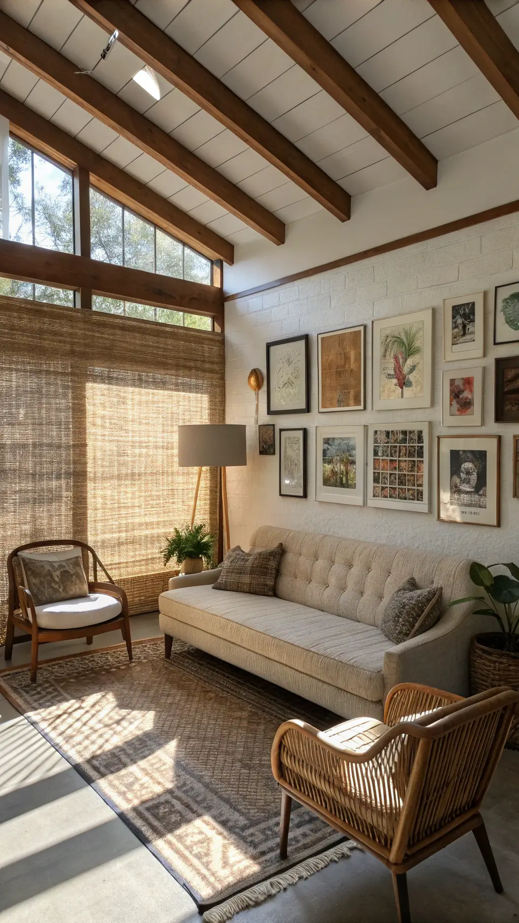 Intimate living space with exposed wooden beams, mid-century furniture, bamboo blinds, global textiles wall art, and brass floor lamp, with neutral, rust, olive, and indigo color palette.