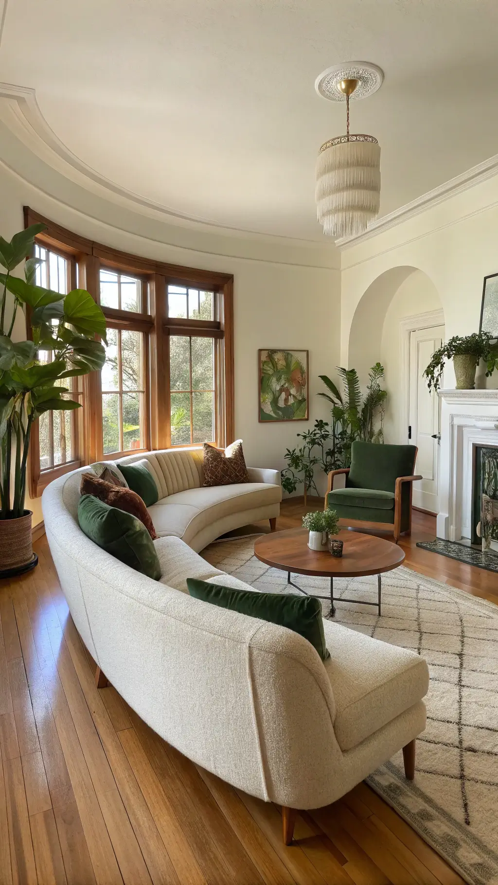 Bright, spacious 18x20ft living room with honey-toned hardwood floors, cream curved sofa, vintage Danish chairs in olive green velvet, large green plants, and artistic accent lighting.