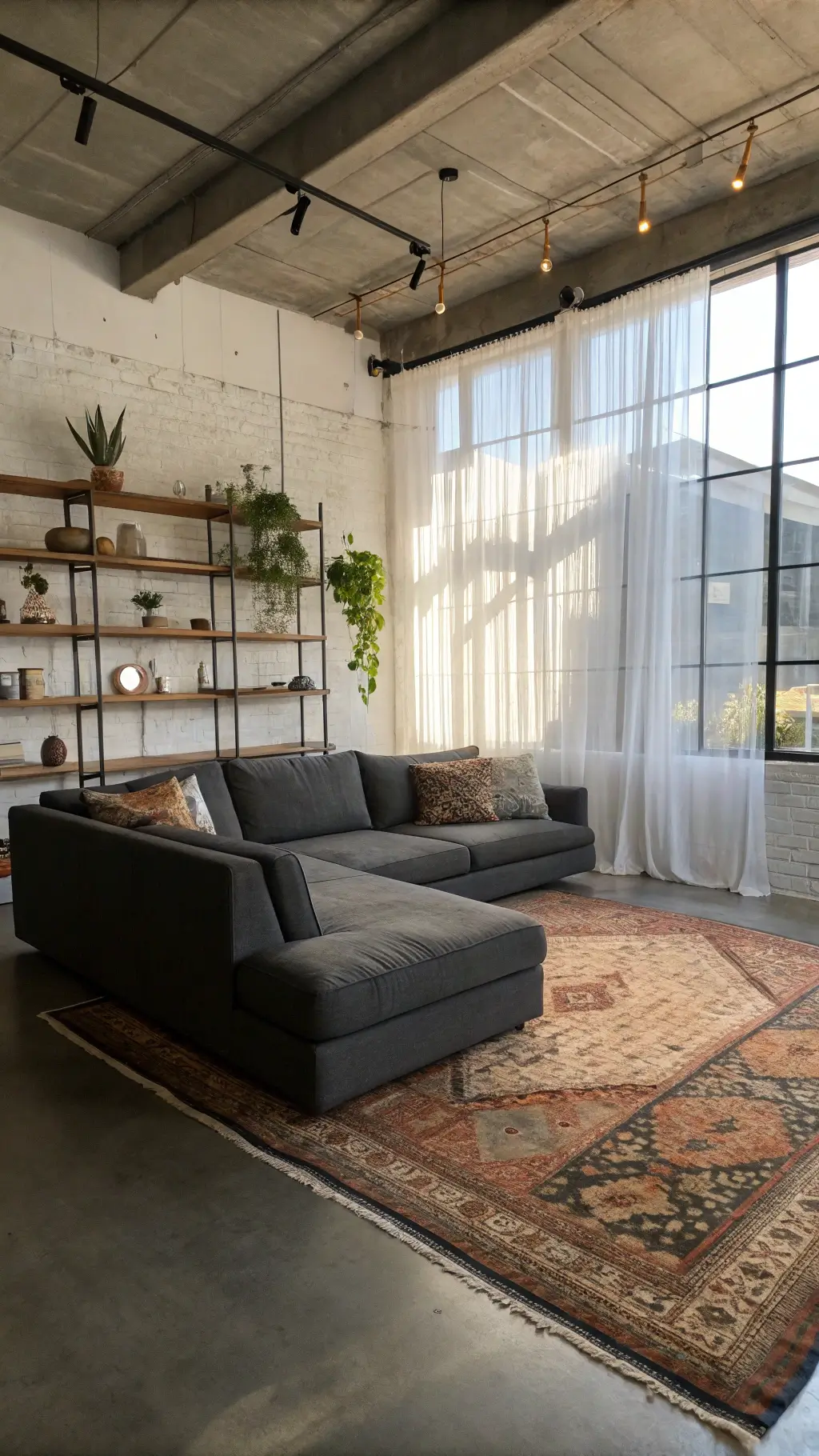 Moody lit open-concept living space with concrete floors, low-profile charcoal sofa, vintage Moroccan rug, floating shelves with brass objects, and translucent curtains diffusing afternoon light.