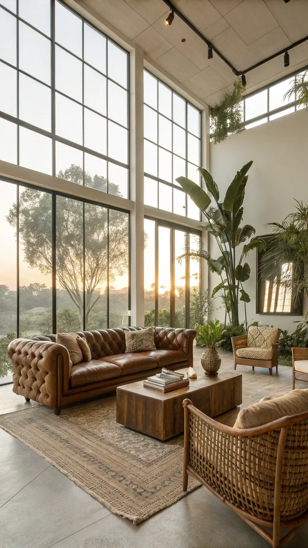 Spacious, bright 20x20ft living room with floor-to-ceiling windows, featuring a statement leather Chesterfield sofa, woven rattan chairs, oversized ceramic vessels on a reclaimed wood coffee table, framed by lush monstera and bird of paradise plants in an industrial-style space with warm earth tones.