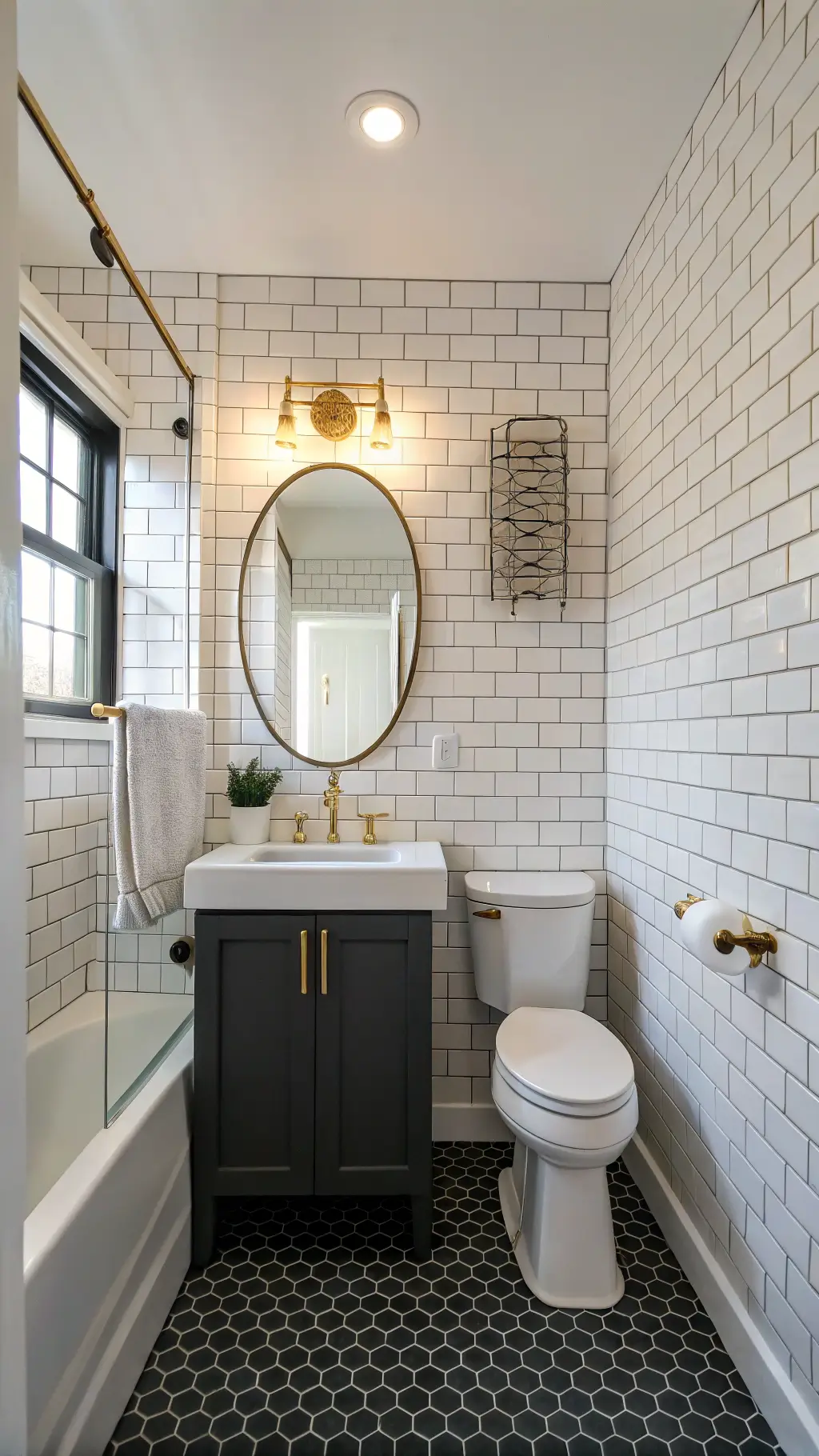 2034modern white subway bathroom brass mirror