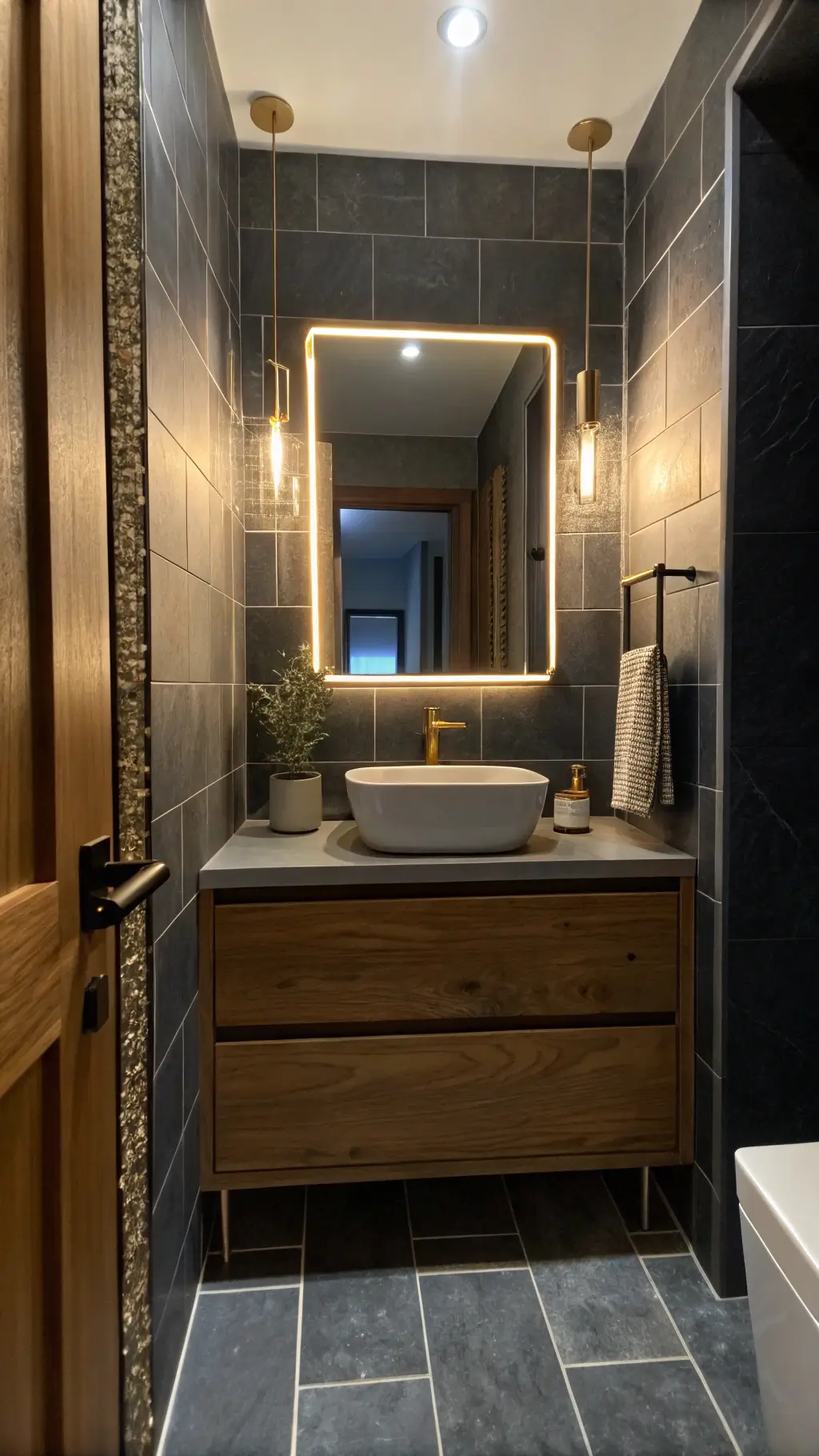 A compact, moody 5x6ft bathroom featuring charcoal porcelain tiles, brass fixtures, floating wood vanity and white vessel sink, lit by a backlit mirror, photographed during blue hour.