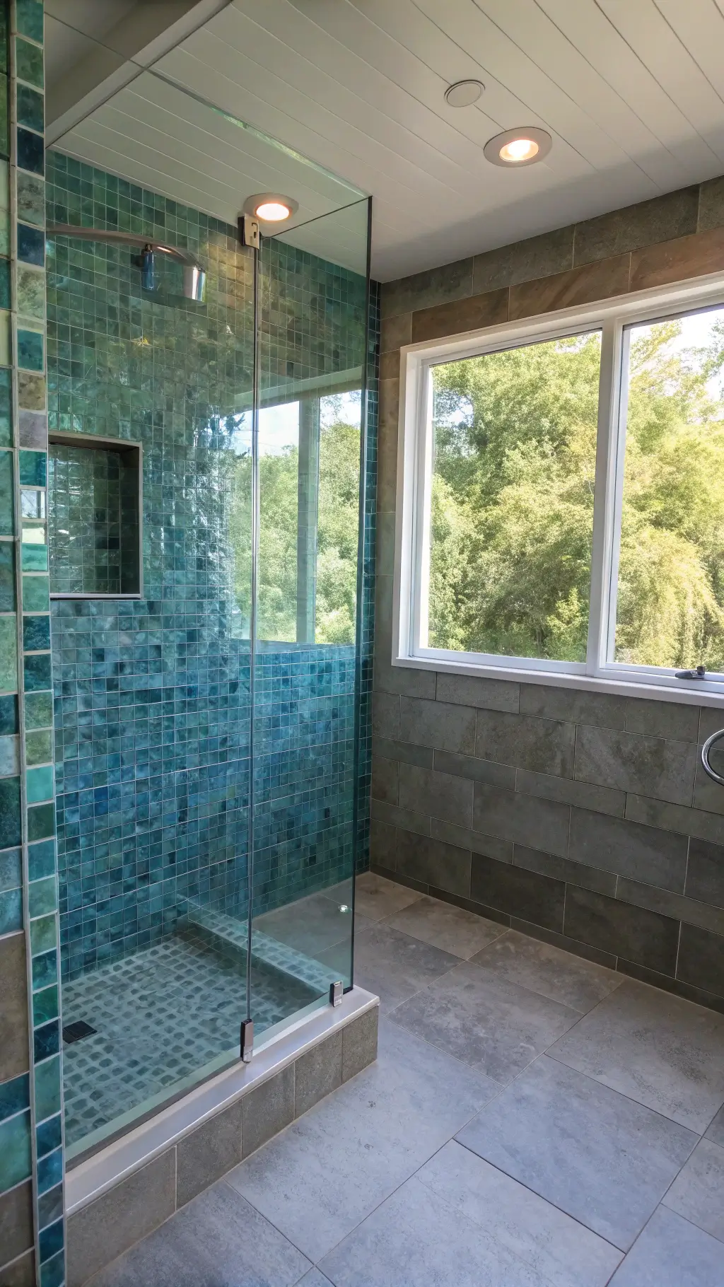 2037blue green mosaic shower wall