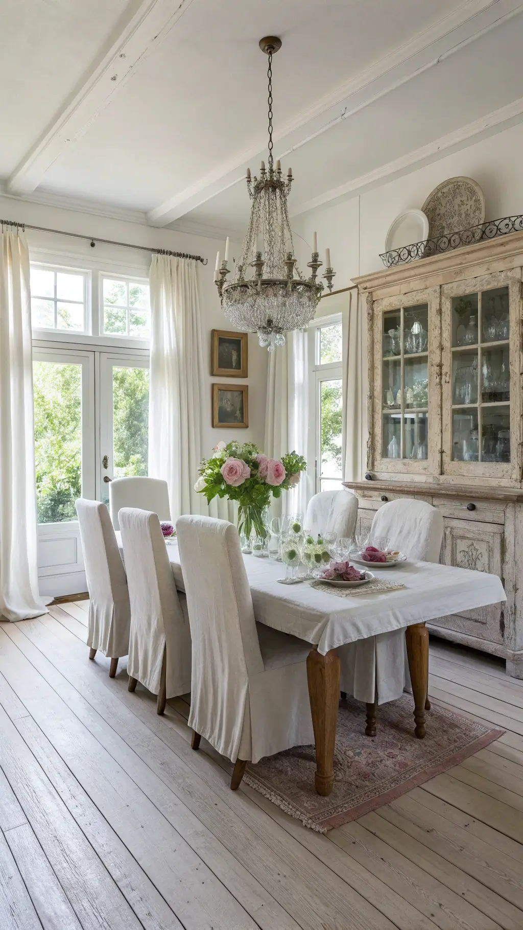 Sunny vintage dining room with mismatched chairs, whitewashed farmhouse table, pastel china hutch, and crystal chandelier