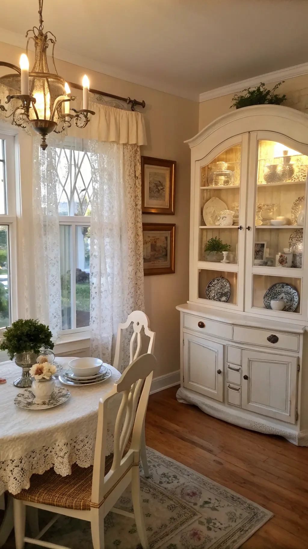 Shabby chic dining space with vintage cream hutch displaying milk glass and silver under golden hour lighting, with ornamental details including lace curtains, botanical prints, and china teacups in muted ivory and blush palette.