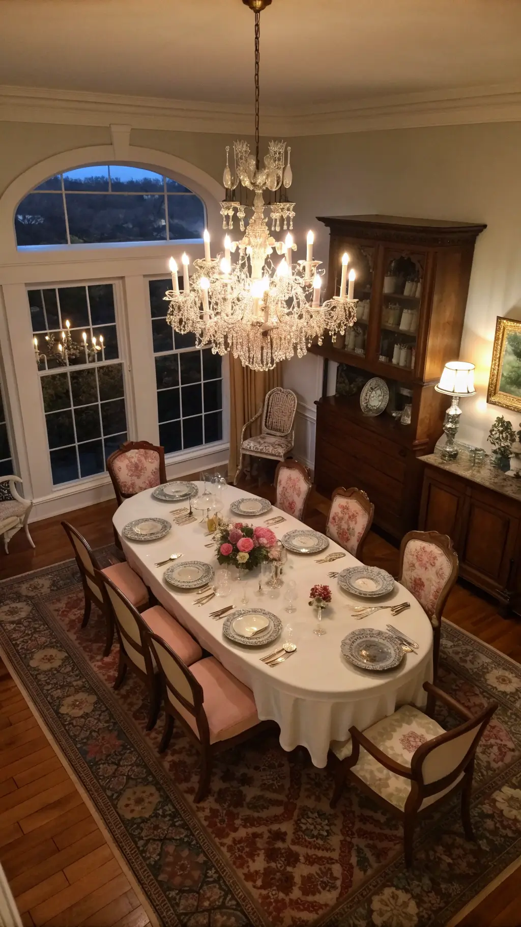 Overhead view of elegant formal dining room at dusk with crystal chandelier over oval table, set with vintage china and pink linen napkins, surrounded by carved wooden chairs, on herringbone hardwood floor with vintage oriental rug.