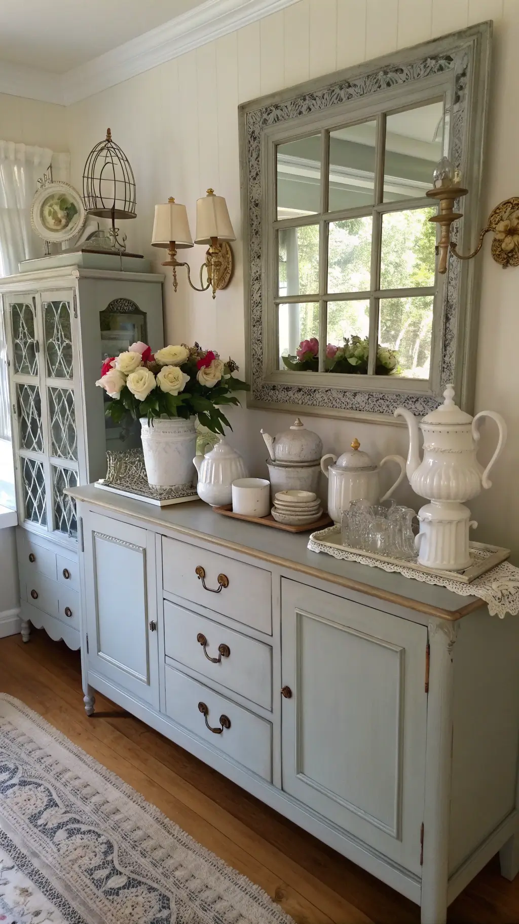 Shabby chic dining area featuring an antique dove gray buffet, collection of ironstone pitchers and mason jars filled with garden roses, a mirror reflecting natural light, vintage lace doilies, mercury glass candlesticks, and silver picture frames in a soft color palette.