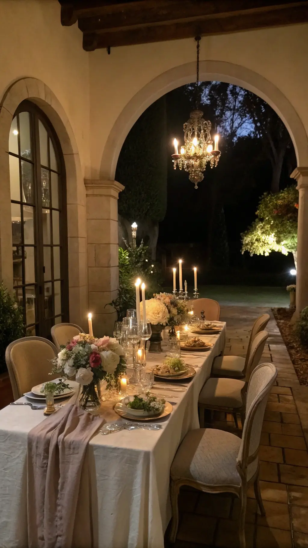 Intimate evening dinner scene in a 15x15ft room with archway, vintage accents including candelabras and soft pastel china, hydrangea-filled milk glass vases, slipcovered chairs, distressed pine table, crystal sconces ambient lighting and textile layers for a moody feel
