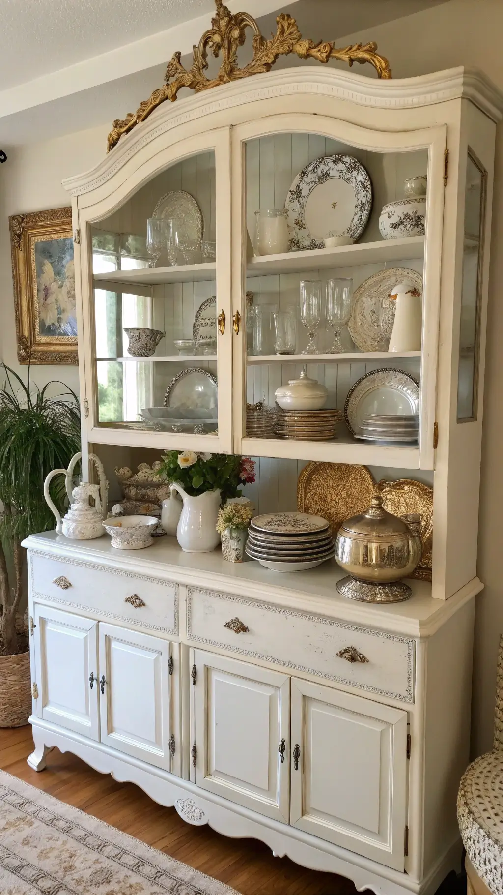 Vintage white cabinet displaying pastoral transferware, silverware, and crystal decanters with a gold mirror reflecting soft window light and assorted linens, mercury glass, and flowers.
