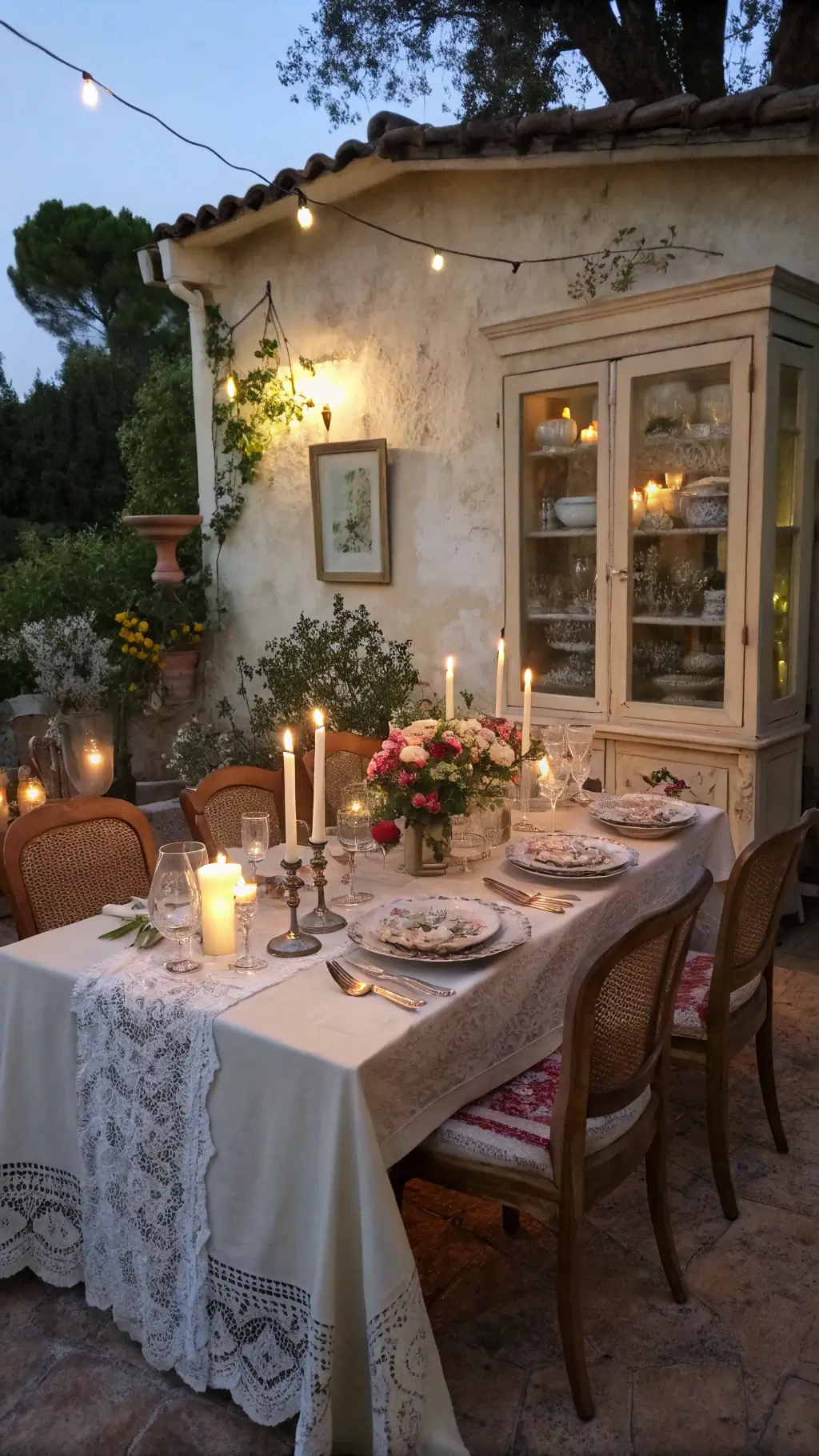 Candlelit vintage dining scene in 14x16ft room with plaster walls, adorned with antique china, crystal stemware, silver candlesticks flanked by fresh garden flowers, and surrounded by linen-covered chairs.