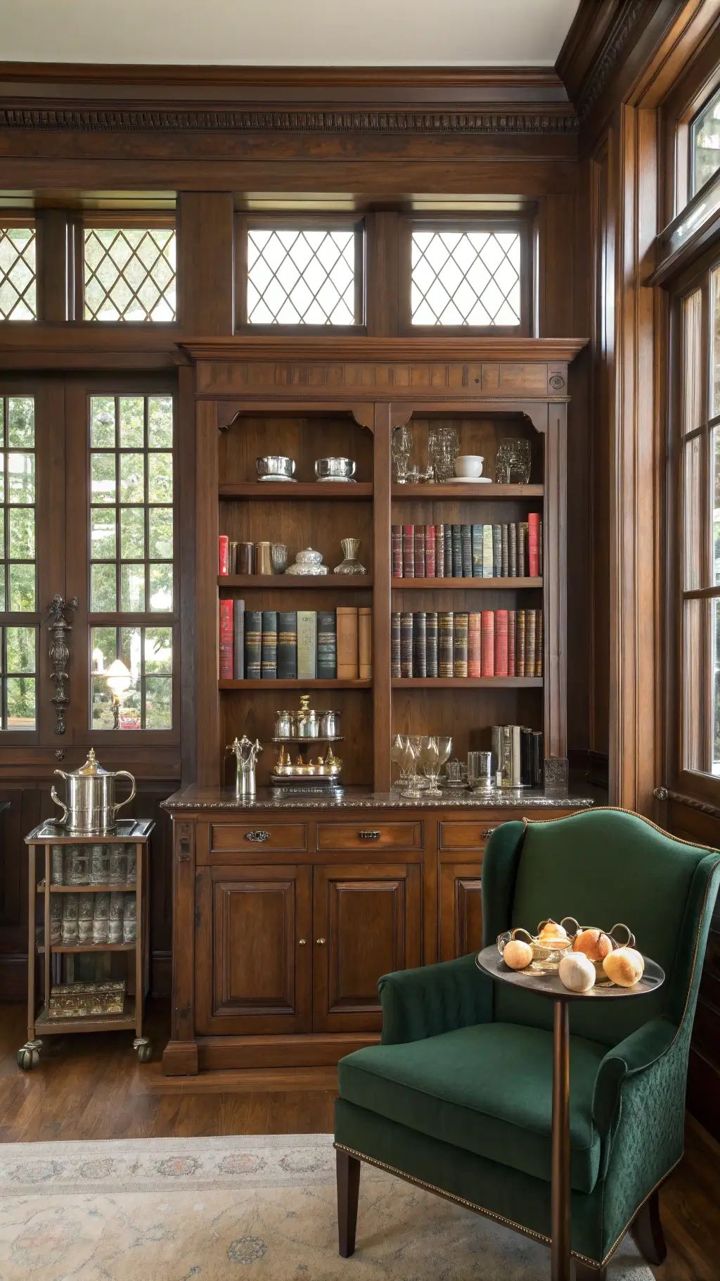 Traditional coffee station within a classic library with dark walnut built-ins, antique brass bar cart, vintage silver coffee service, rich leather-bound books, and a deep green velvet accent chair in warm afternoon light.